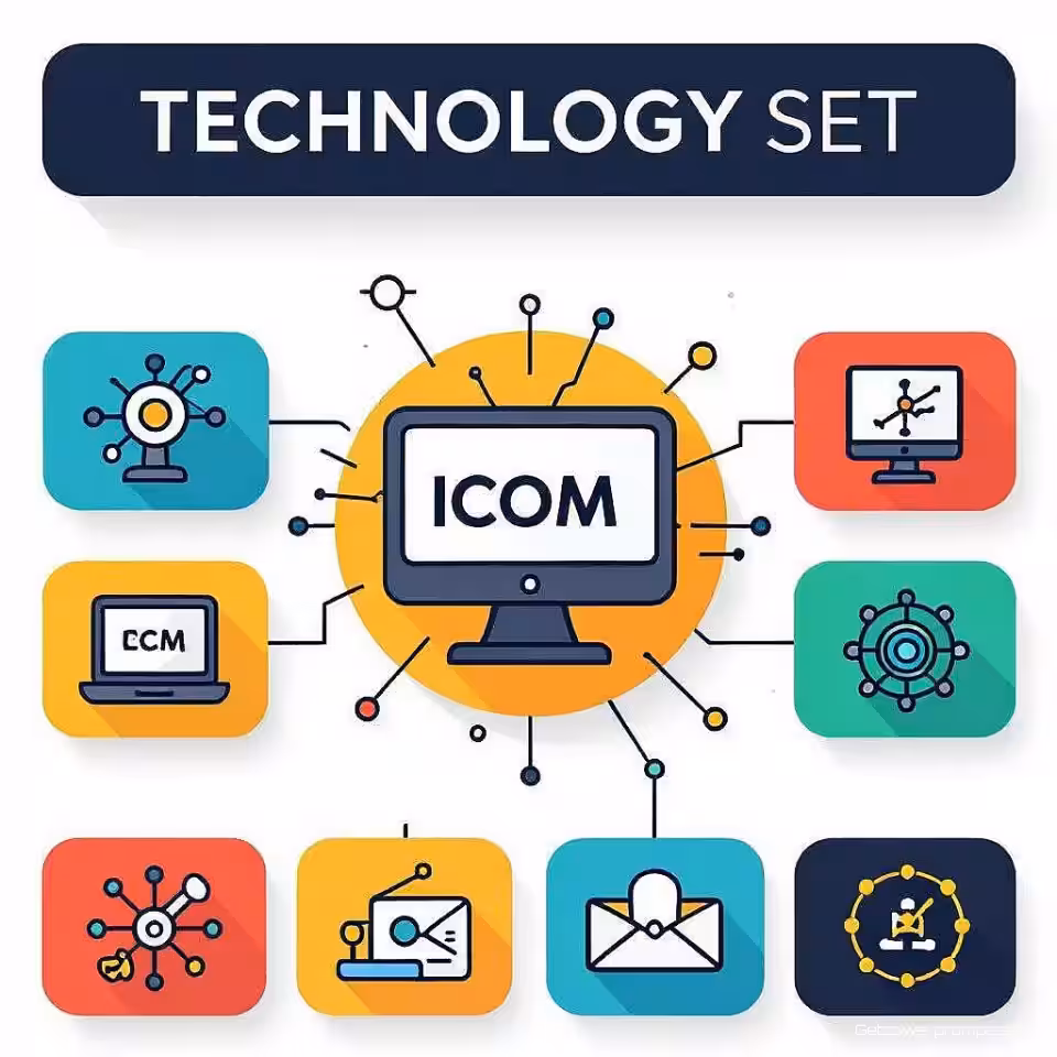 Technologie iconenset, flat design, levendige kleuren, transparant achtergrond, schone lijnen, schaalbare vectordesign, marketingafbeeldingen, professionele brandingelementen, veelzijdige digitale assets