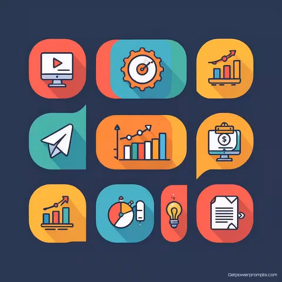 Zakelijk iconenset, flat design, levendige kleuren, transparant achtergrond, schone lijnen, schaalbare vectordesign, marketingafbeeldingen, professionele brandingelementen, veelzijdige digitale assets