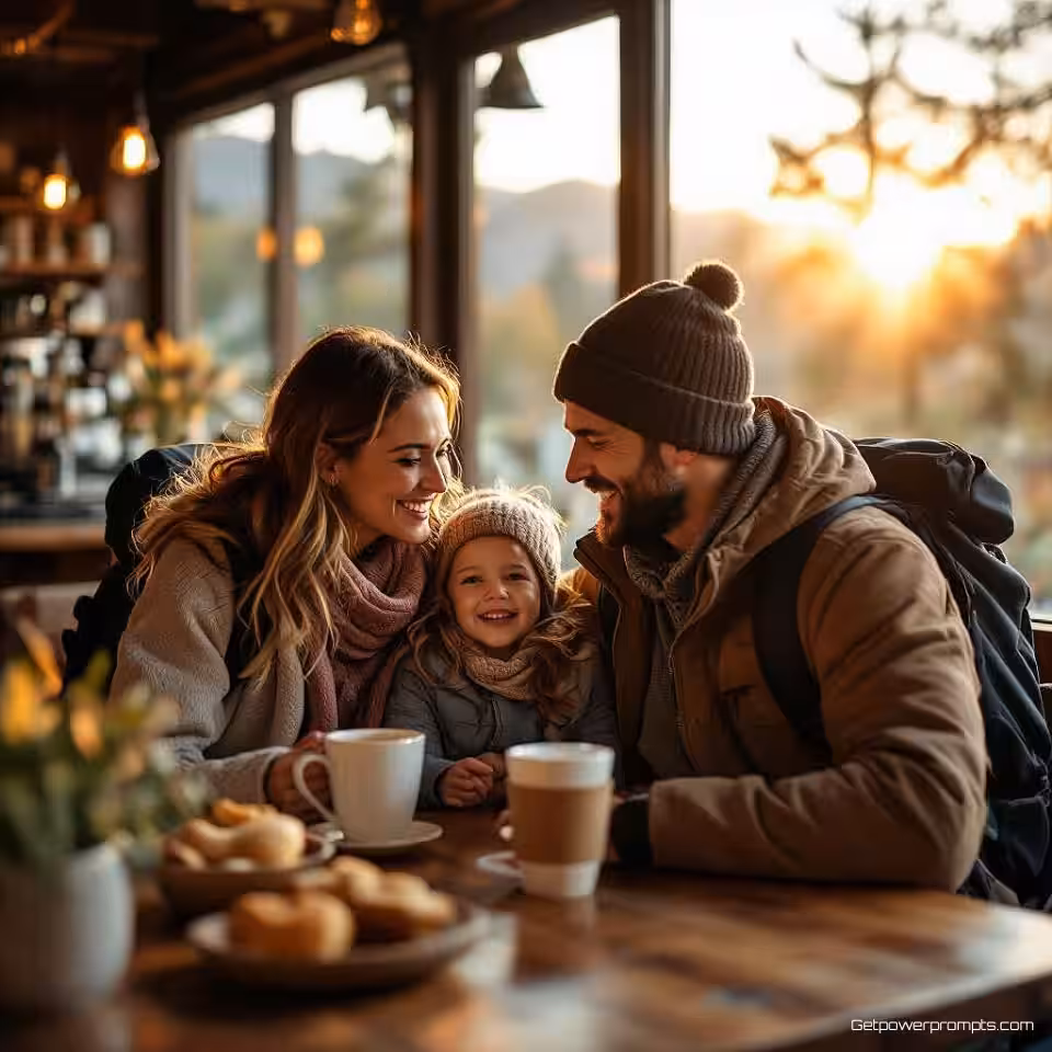 Familie wandelt in de natuur, lifestylefotografie, gezellig koffiezaak interieur omgeving, warme zonsondergang verlichting verlichting, gelukkige en positieve sfeer sfeer, authentiek moment, natuurlijke compositie, zachte achtergrondfocus, marketingcampagne-esthetiek