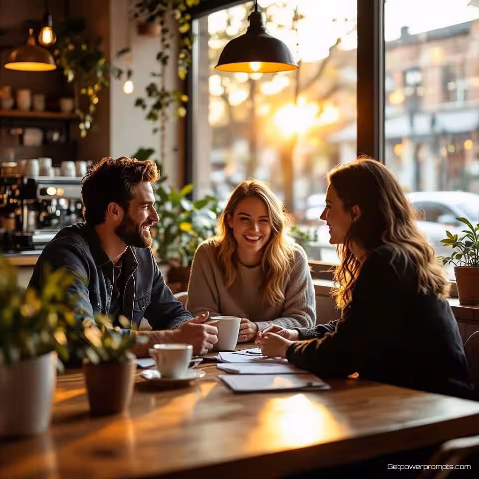 Team samenwerkend op kantoor, lifestylefotografie, gezellig koffiezaak interieur omgeving, warme zonsondergang verlichting verlichting, gelukkige en positieve sfeer sfeer, authentiek moment, natuurlijke compositie, zachte achtergrondfocus, marketingcampagne-esthetiek