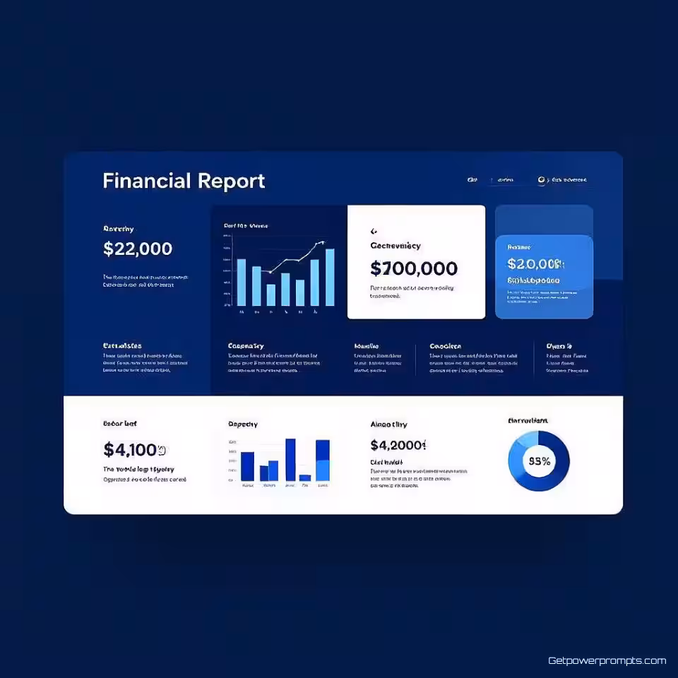 Financieel Rapport, minimalistisch dia-ontwerp, professionele blauwe tinten kleurenschema, effen kleur achtergrond, gebalanceerd raster compositie, professionele marketingpresentatie, schone typografie-integratie, moderne zakelijke esthetiek, corporate visuele communicatie, data visualisatie-elementen, professioneel dia-formaat