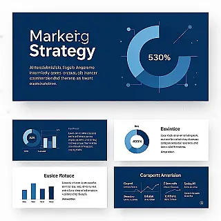 Marketingstrategie, minimalistisch dia-ontwerp, professionele blauwe tinten kleurenschema, effen kleur achtergrond, gebalanceerd raster compositie, professionele marketingpresentatie, schone typografie-integratie, moderne zakelijke esthetiek, corporate visuele communicatie, data visualisatie-elementen, professioneel dia-formaat