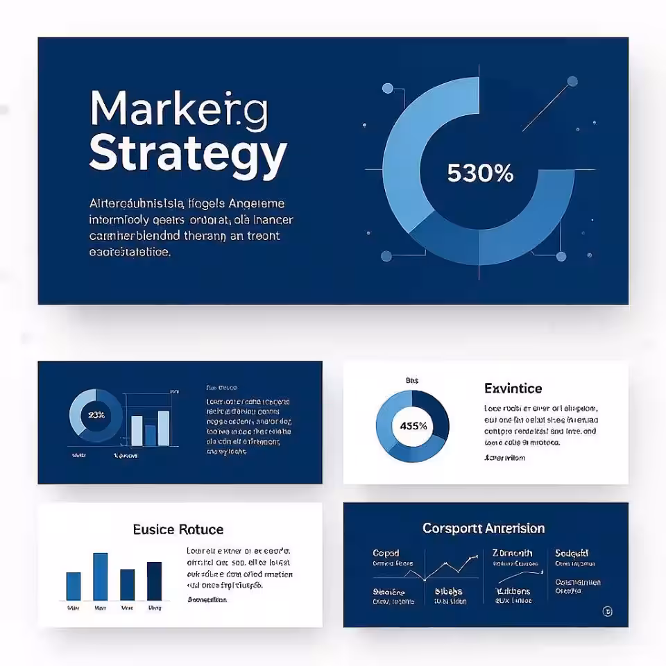 Marketingstrategie, minimalistisch dia-ontwerp, professionele blauwe tinten kleurenschema, effen kleur achtergrond, gebalanceerd raster compositie, professionele marketingpresentatie, schone typografie-integratie, moderne zakelijke esthetiek, corporate visuele communicatie, data visualisatie-elementen, professioneel dia-formaat