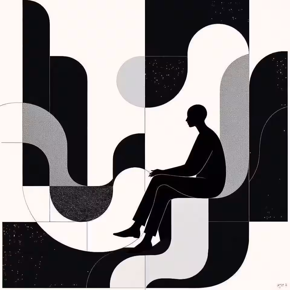 Sociale verbinding, minimalistisch, beschouwend sfeer, monochroom, abstracte redactionele illustratie, geometrische vormen, vloeiende vormen, klaar voor tijdschriftopmaak, professioneel kunstwerk, conceptueel ontwerp, moderne esthetiek, publicatiekwaliteit