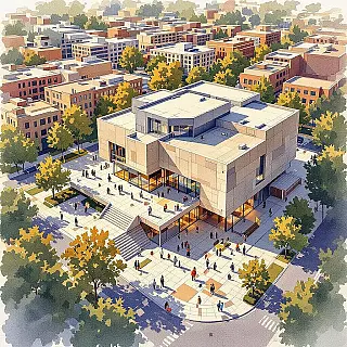 Hedendaags kunstmuseum, aquarel schildering, serieuze sfeer sfeer, ooghoogte perspectief perspectief, aards kleurenschema, redactionele architectuurillustratie, gedetailleerde bouwelementen, stadslandschap, tijdschriftlayout gereed, professioneel kunstwerk, structurele nauwkeurigheid, publicatiekwaliteit, schone lijnen, omgevingscontext