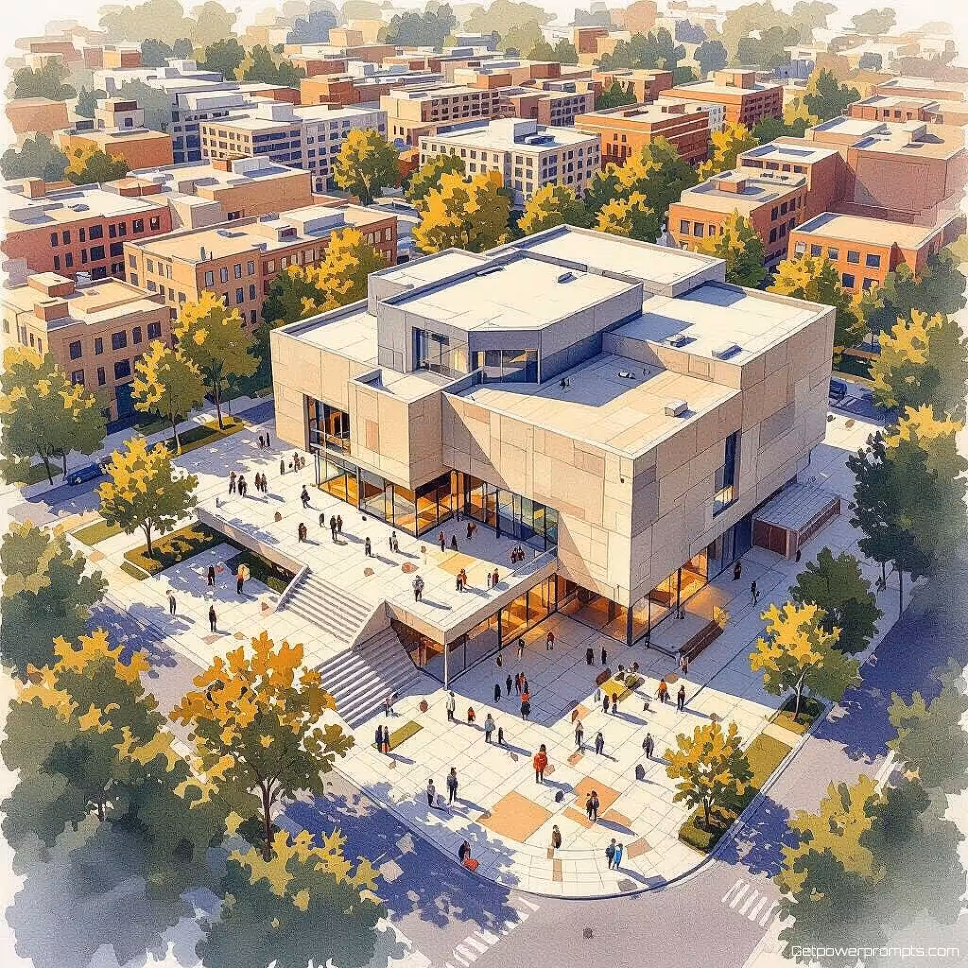 Hedendaags kunstmuseum, aquarel schildering, serieuze sfeer sfeer, ooghoogte perspectief perspectief, aards kleurenschema, redactionele architectuurillustratie, gedetailleerde bouwelementen, stadslandschap, tijdschriftlayout gereed, professioneel kunstwerk, structurele nauwkeurigheid, publicatiekwaliteit, schone lijnen, omgevingscontext