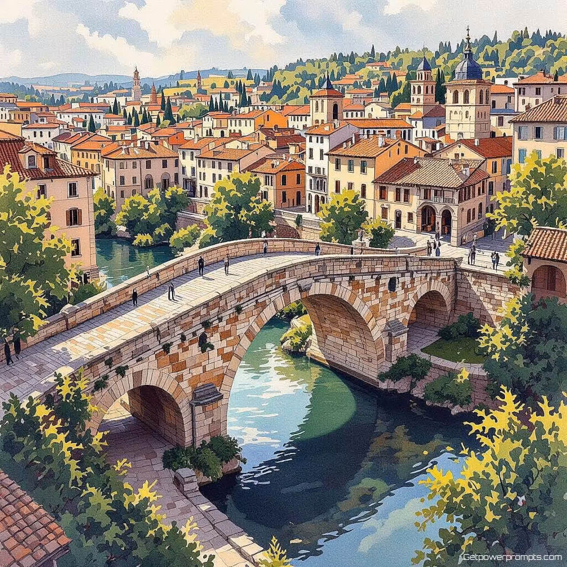 Historische stenen brug, aquarel schildering, serieuze sfeer sfeer, ooghoogte perspectief perspectief, aards kleurenschema, redactionele architectuurillustratie, gedetailleerde bouwelementen, stadslandschap, tijdschriftlayout gereed, professioneel kunstwerk, structurele nauwkeurigheid, publicatiekwaliteit, schone lijnen, omgevingscontext