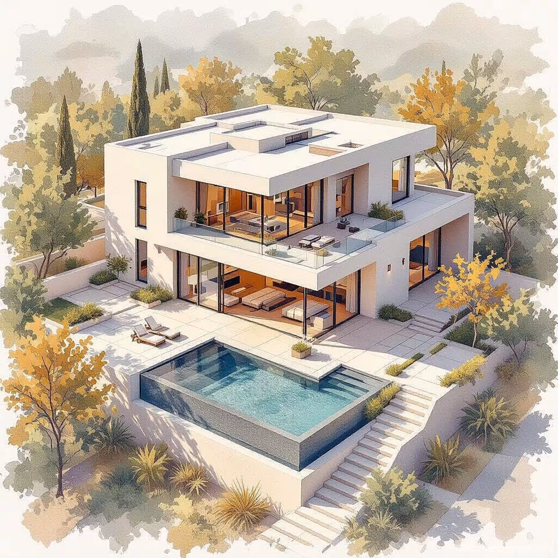 Moderne minimalistische villa, aquarel schildering, serieuze sfeer sfeer, ooghoogte perspectief perspectief, aards kleurenschema, redactionele architectuurillustratie, gedetailleerde bouwelementen, stadslandschap, tijdschriftlayout gereed, professioneel kunstwerk, structurele nauwkeurigheid, publicatiekwaliteit, schone lijnen, omgevingscontext