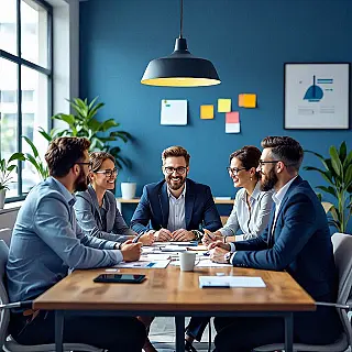 Team samenwerking vergadering, flat illustratie, professioneel sfeer, corporate blauw, redactionele bedrijfsillustratie, corporate storytelling, professionele lay-out, tijdschriftklare graphics, conceptuele bedrijfselementen, publicatiekwaliteit, schoon ontwerp, moderne bedrijfsesthetiek