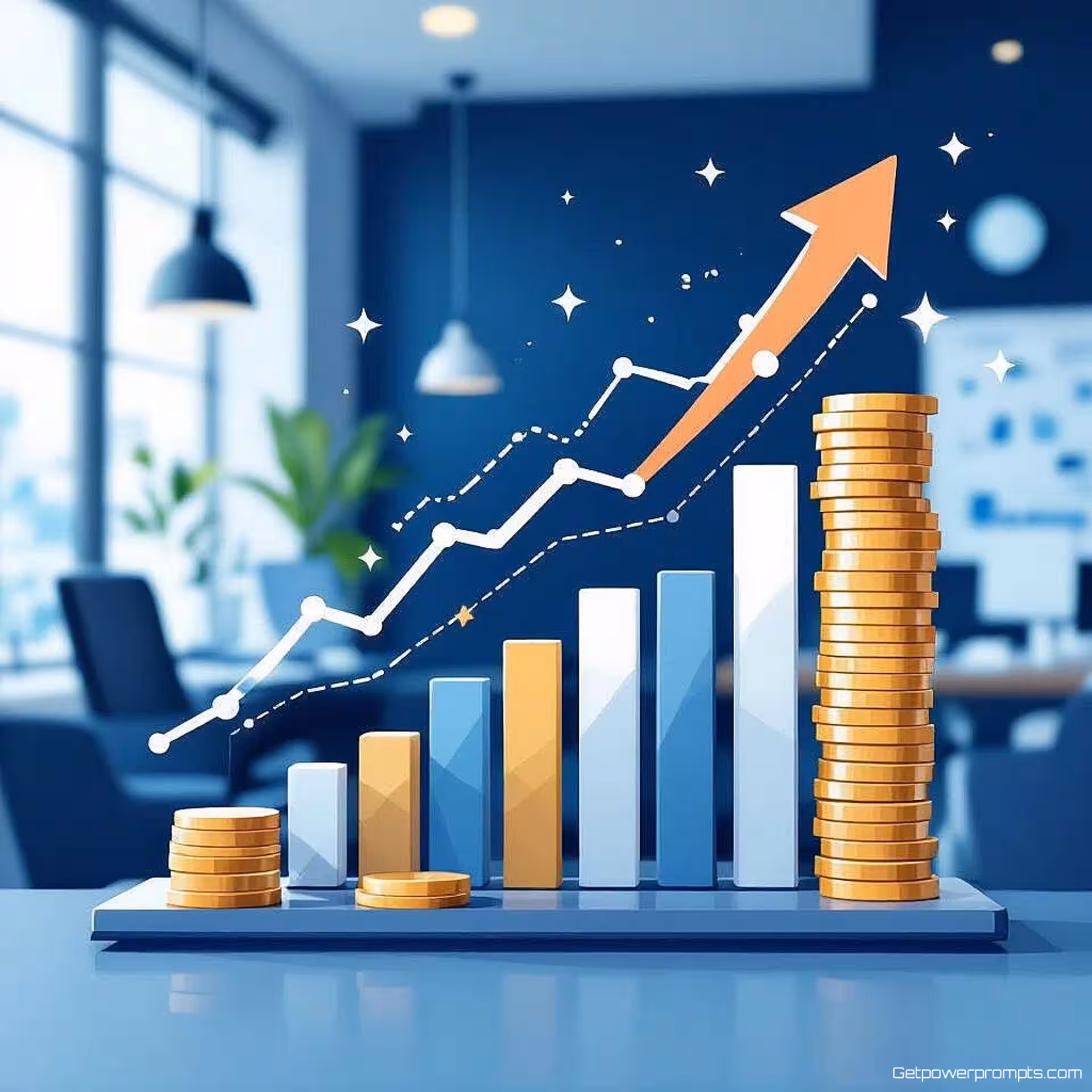 Financiële groei grafiek, flat illustratie, professioneel sfeer, corporate blauw, redactionele bedrijfsillustratie, corporate storytelling, professionele lay-out, tijdschriftklare graphics, conceptuele bedrijfselementen, publicatiekwaliteit, schoon ontwerp, moderne bedrijfsesthetiek