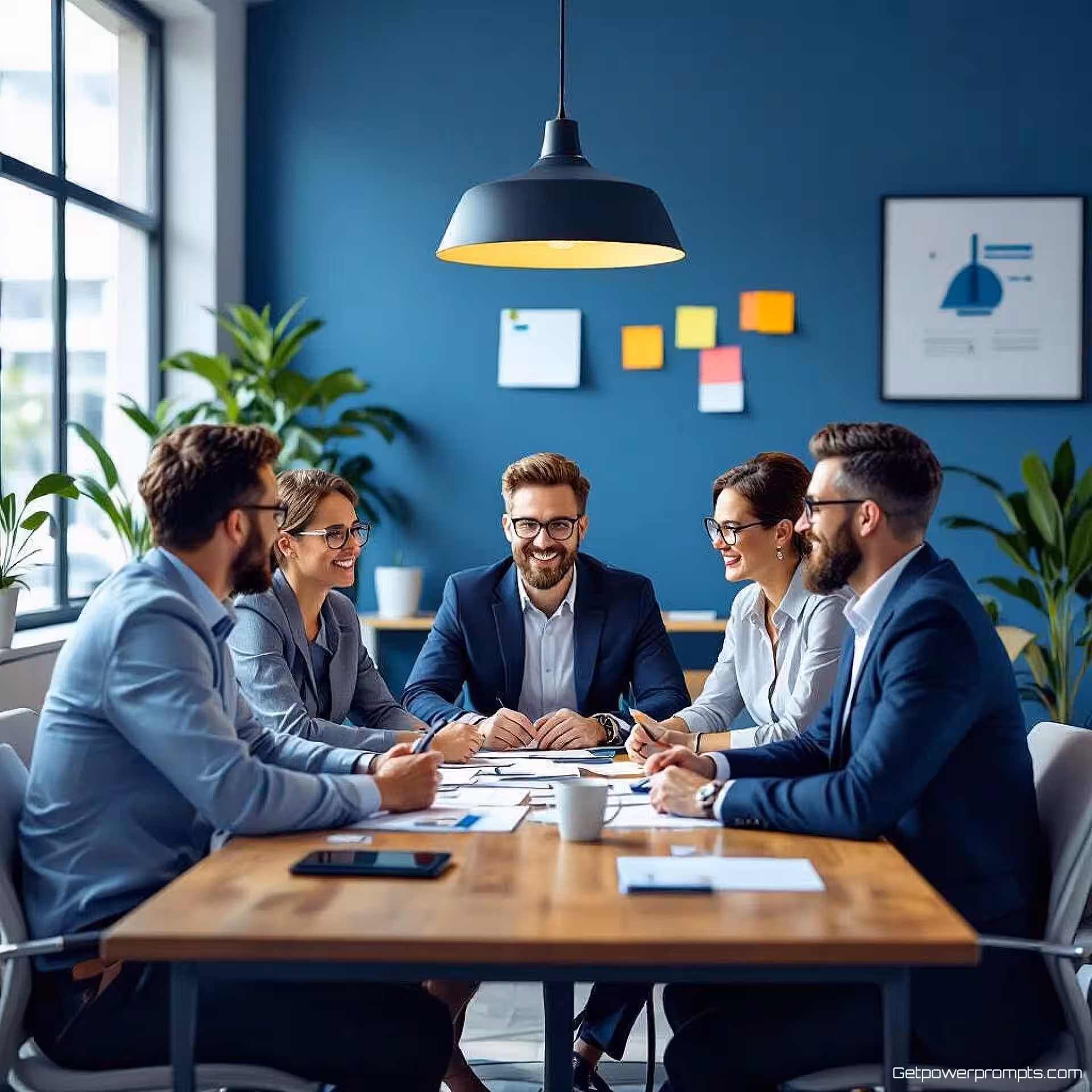 Team samenwerking vergadering, flat illustratie, professioneel sfeer, corporate blauw, redactionele bedrijfsillustratie, corporate storytelling, professionele lay-out, tijdschriftklare graphics, conceptuele bedrijfselementen, publicatiekwaliteit, schoon ontwerp, moderne bedrijfsesthetiek