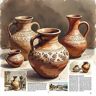 Handgemaakt aardewerk, aquarel illustratie, educatief sfeer, aarde tinten, redactionele cultureel erfgoed illustratie, traditioneel vakmanschap details, historische artefacten, tijdschrift lay-out gereed, professioneel kunstwerk, cultureel verhaal vertellen, publicatie kwaliteit, authentieke weergave, educatieve context