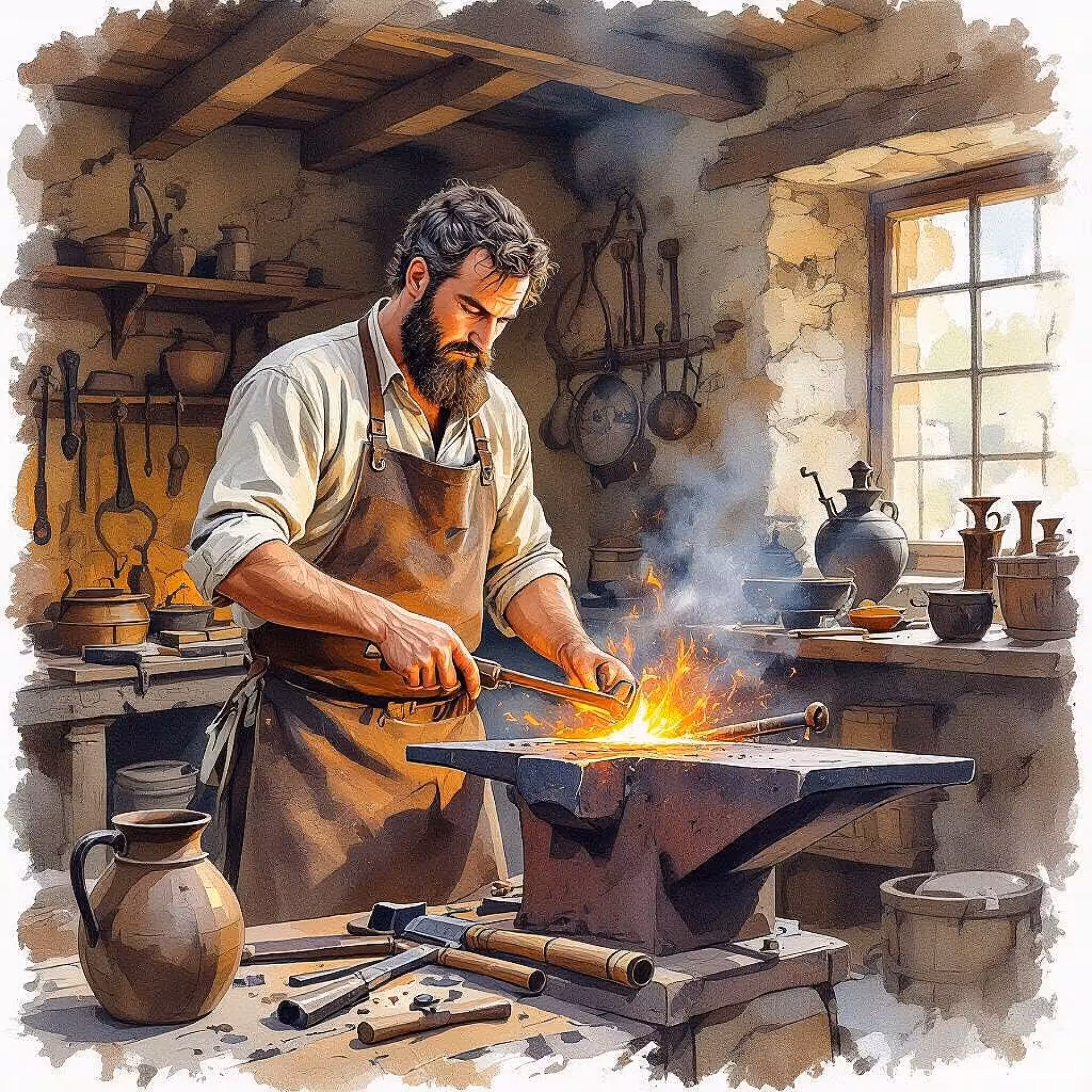 Smedengereedschap, aquarel illustratie, educatief sfeer, aarde tinten, redactionele cultureel erfgoed illustratie, traditioneel vakmanschap details, historische artefacten, tijdschrift lay-out gereed, professioneel kunstwerk, cultureel verhaal vertellen, publicatie kwaliteit, authentieke weergave, educatieve context