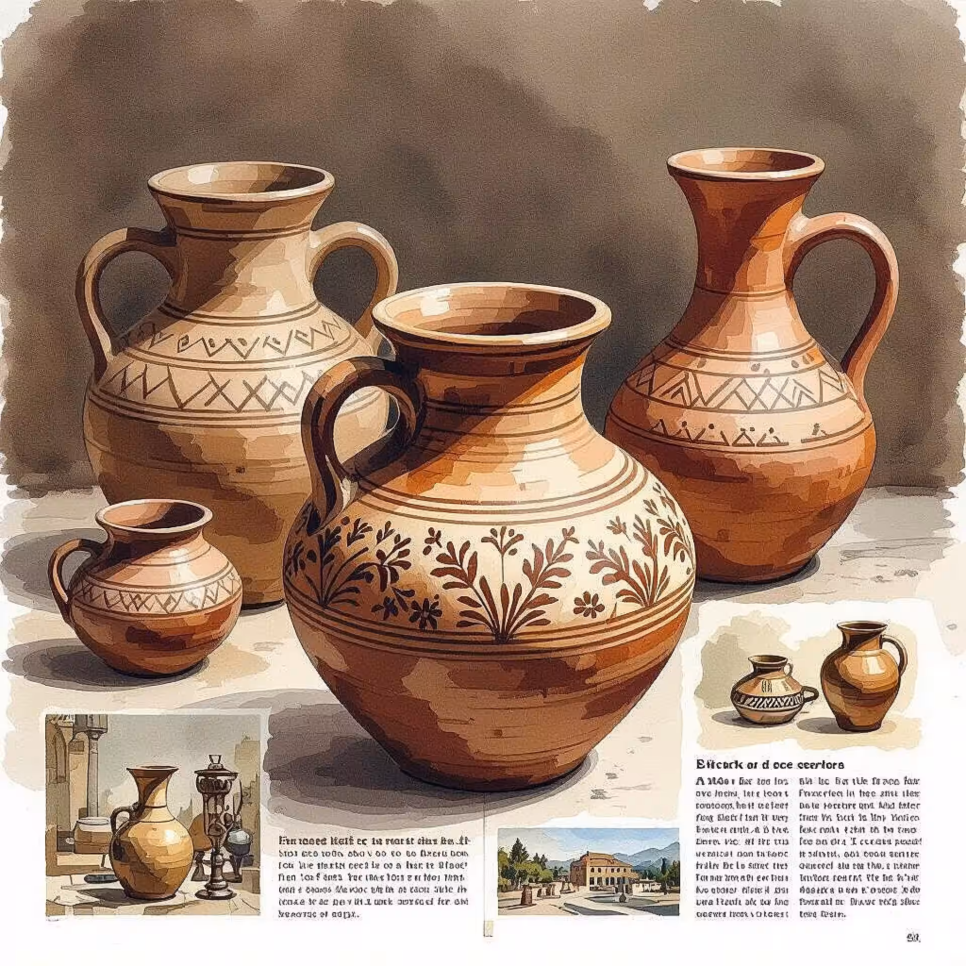 Handgemaakt aardewerk, aquarel illustratie, educatief sfeer, aarde tinten, redactionele cultureel erfgoed illustratie, traditioneel vakmanschap details, historische artefacten, tijdschrift lay-out gereed, professioneel kunstwerk, cultureel verhaal vertellen, publicatie kwaliteit, authentieke weergave, educatieve context