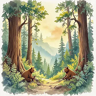 Behoud van gematigd regenwoud, aquarelillustratie, hoopvol en optimistisch sfeer, aarde tinten palet, redactionele milieu-illustratie, ecologisch verhaal, klaar voor tijdschriftindeling, professioneel kunstwerk, natuurlijke elementen, publicatiekwaliteit, educatieve context, boodschap voor natuurbehoud, gedetailleerde milieu-elementen