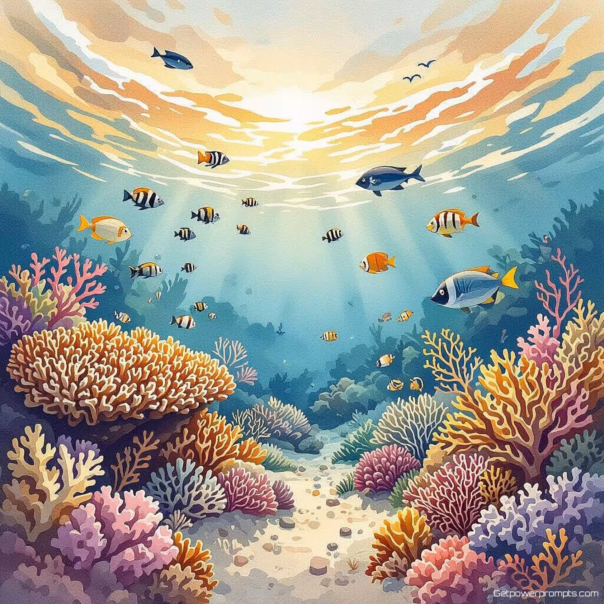 Koraalrifherstelproject, aquarelillustratie, hoopvol en optimistisch sfeer, aarde tinten palet, redactionele milieu-illustratie, ecologisch verhaal, klaar voor tijdschriftindeling, professioneel kunstwerk, natuurlijke elementen, publicatiekwaliteit, educatieve context, boodschap voor natuurbehoud, gedetailleerde milieu-elementen