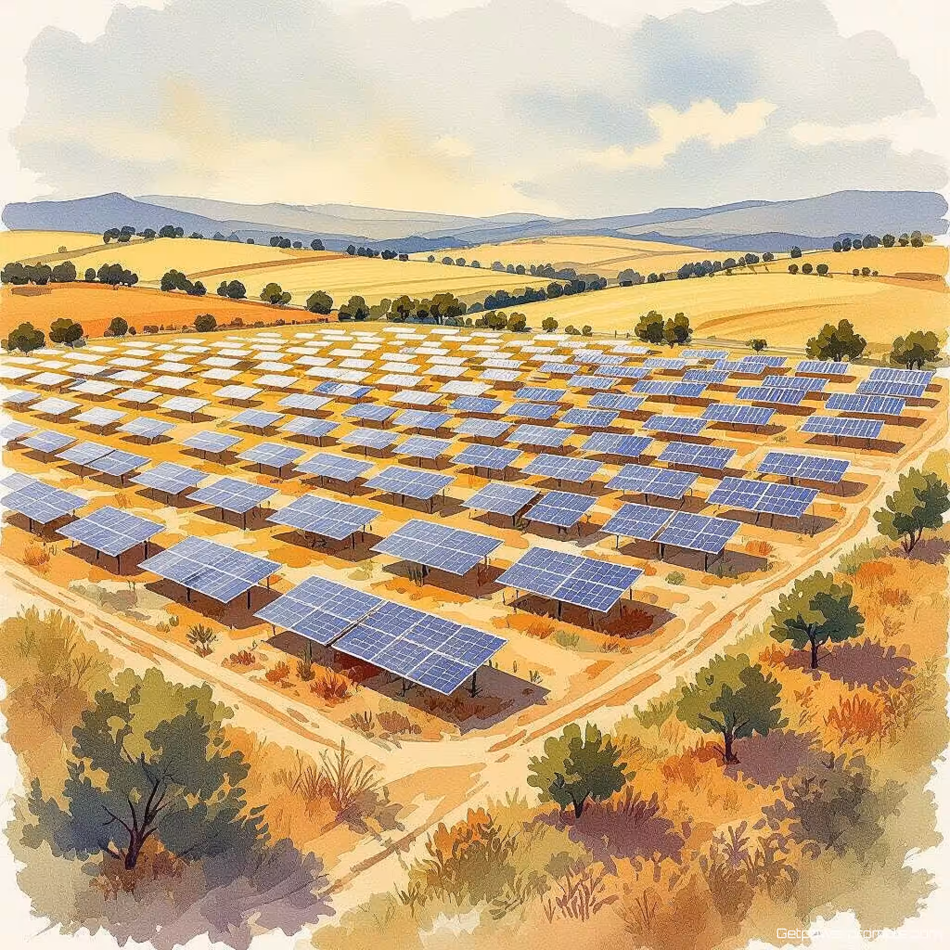 Zonne-energieparklandschap, aquarelillustratie, hoopvol en optimistisch sfeer, aarde tinten palet, redactionele milieu-illustratie, ecologisch verhaal, klaar voor tijdschriftindeling, professioneel kunstwerk, natuurlijke elementen, publicatiekwaliteit, educatieve context, boodschap voor natuurbehoud, gedetailleerde milieu-elementen