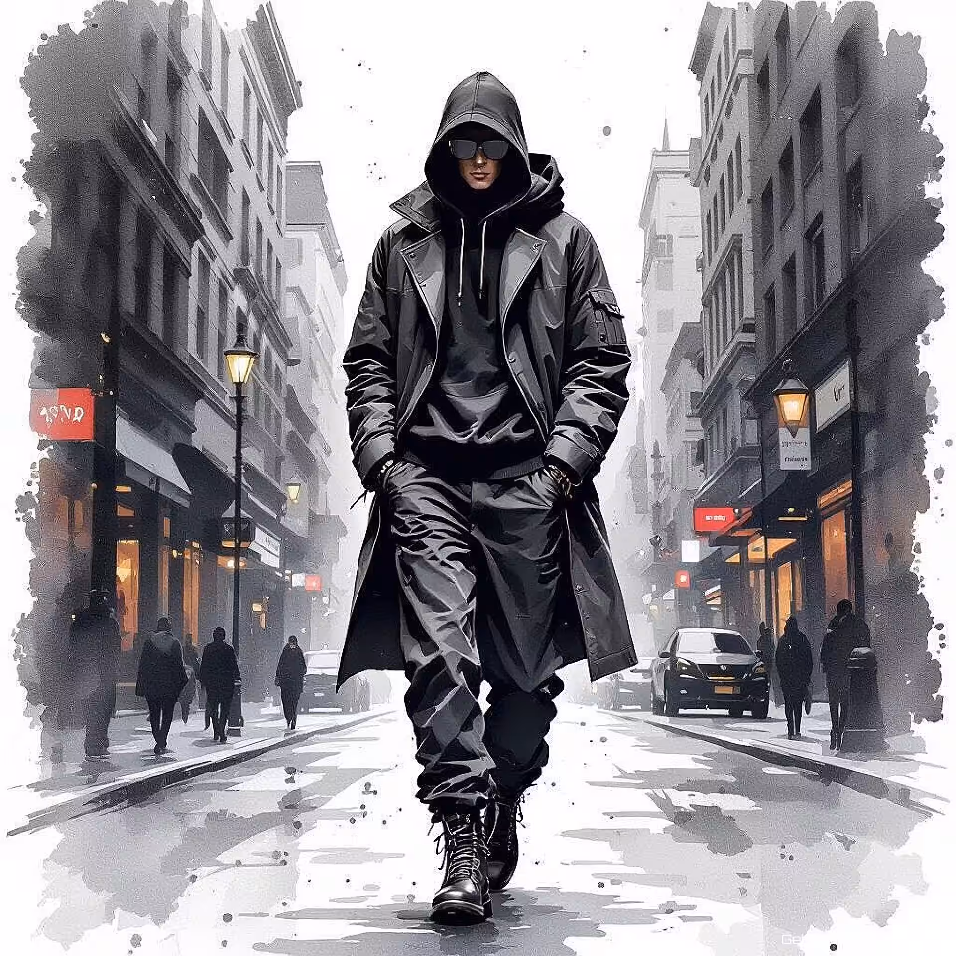 Stijlvolle streetwear outfit, aquarel illustratie, verfijnd sfeer, volledige figuur perspectief, pastelkleuren, redactionele mode illustratie, tijdschrift lay-out gereed, professioneel kunstwerk, stijlvolle presentatie, publicatiekwaliteit, schone lijnen, hedendaags modeontwerp