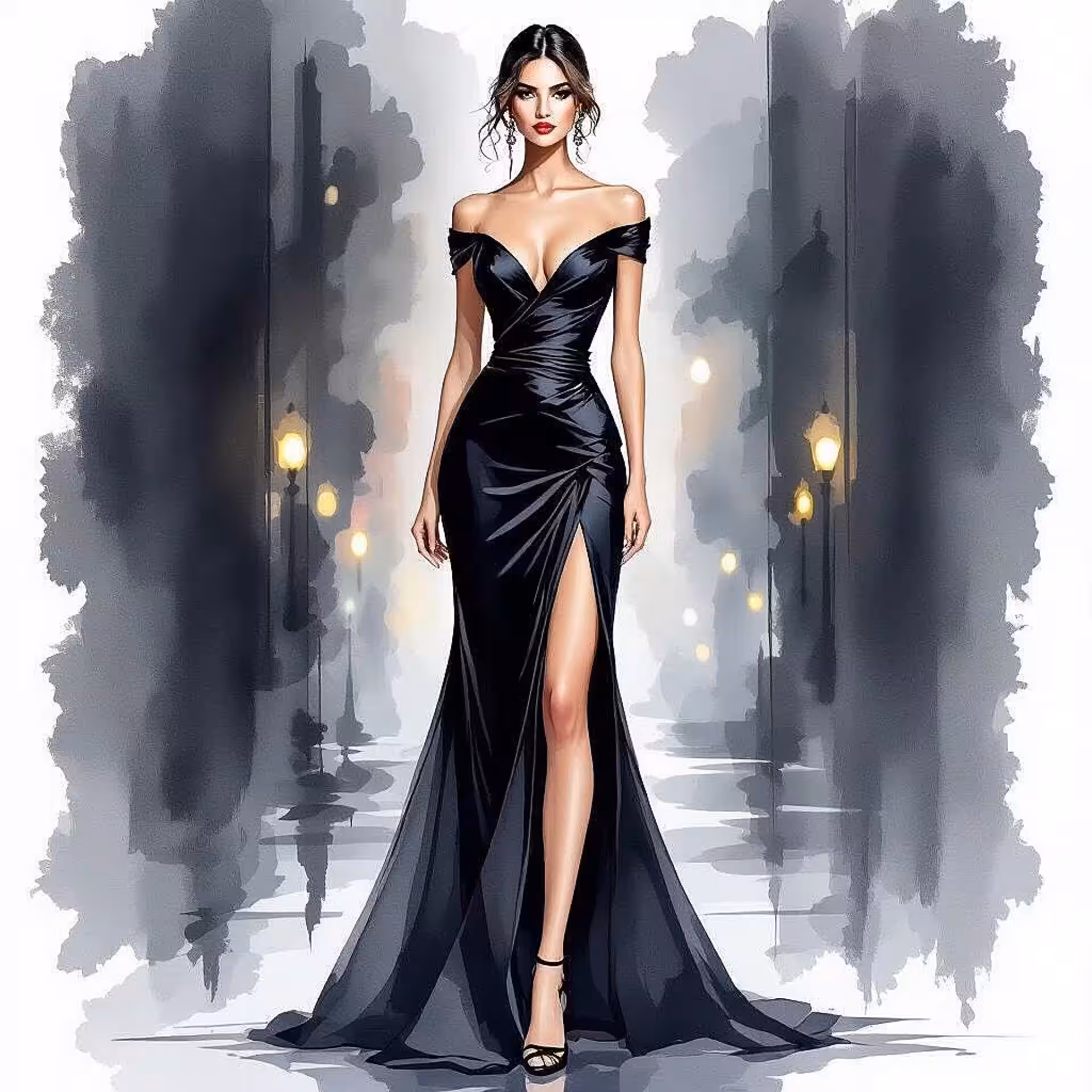 Elegante avondjurk, aquarel illustratie, verfijnd sfeer, volledige figuur perspectief, pastelkleuren, redactionele mode illustratie, tijdschrift lay-out gereed, professioneel kunstwerk, stijlvolle presentatie, publicatiekwaliteit, schone lijnen, hedendaags modeontwerp