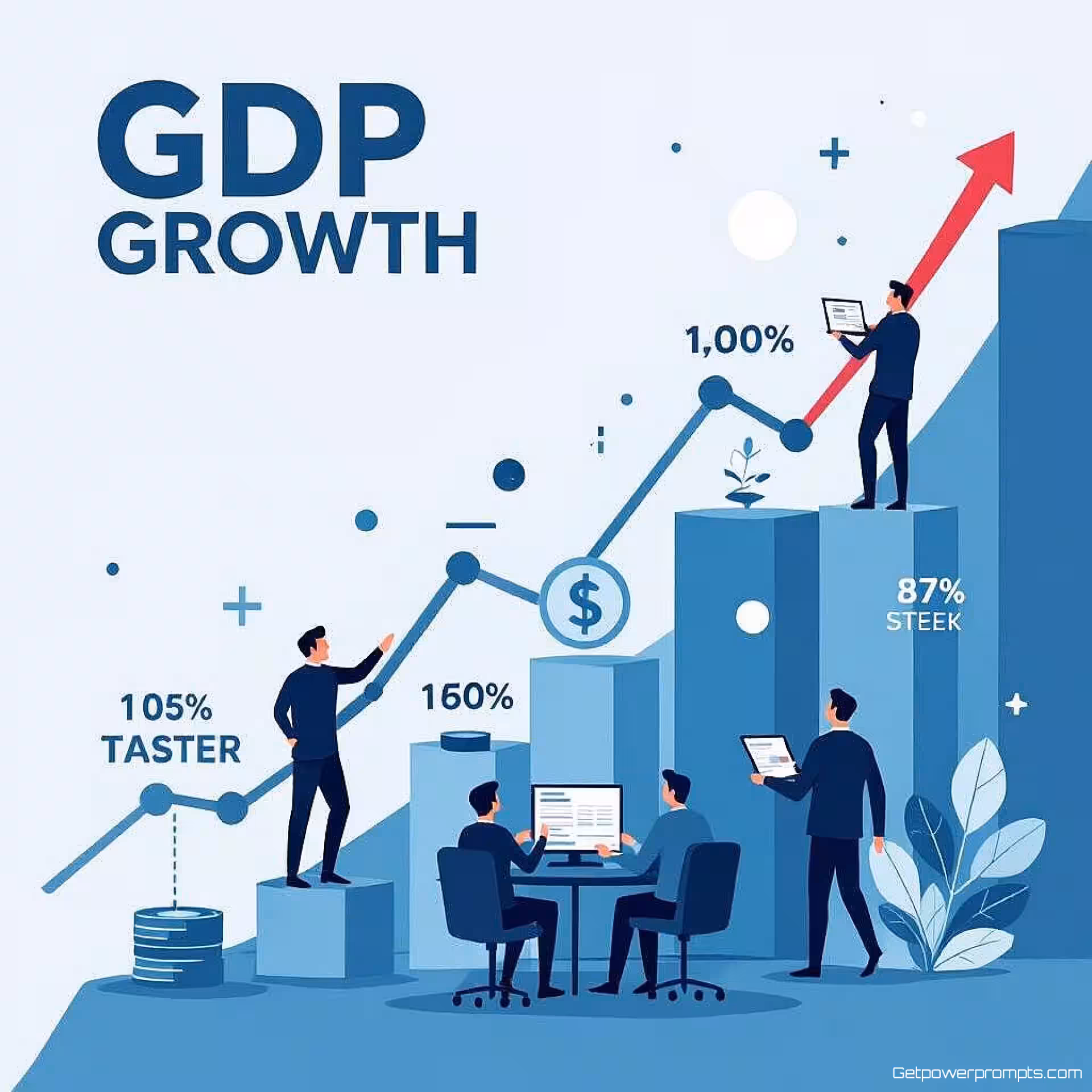 BBP-groei visualisatie, schone vectorillustratie, professionele zakelijke sfeer sfeer, blauwe en grijze tinten, redactionele financiële illustratie, datavisualisatie-elementen, economische verhaallijn, tijdschriftlay-out gereed, professioneel kunstwerk, schoon infographic-ontwerp, publicatiekwaliteit, moderne financiële grafieken