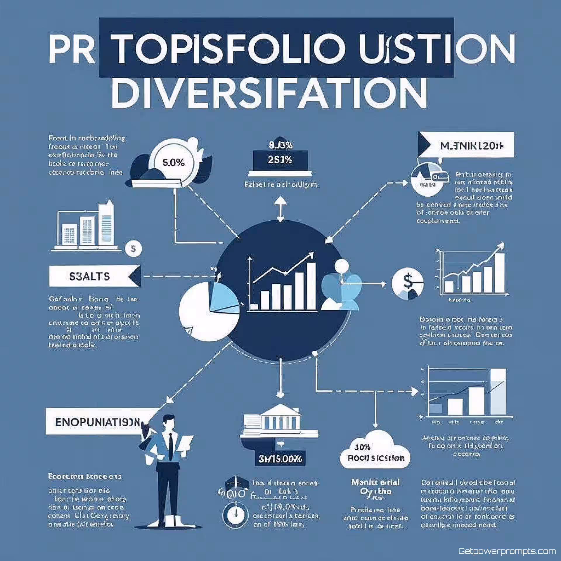 Portefeuillediversificatiediagram, schone vectorillustratie, professionele zakelijke sfeer sfeer, blauwe en grijze tinten, redactionele financiële illustratie, datavisualisatie-elementen, economische verhaallijn, tijdschriftlay-out gereed, professioneel kunstwerk, schoon infographic-ontwerp, publicatiekwaliteit, moderne financiële grafieken