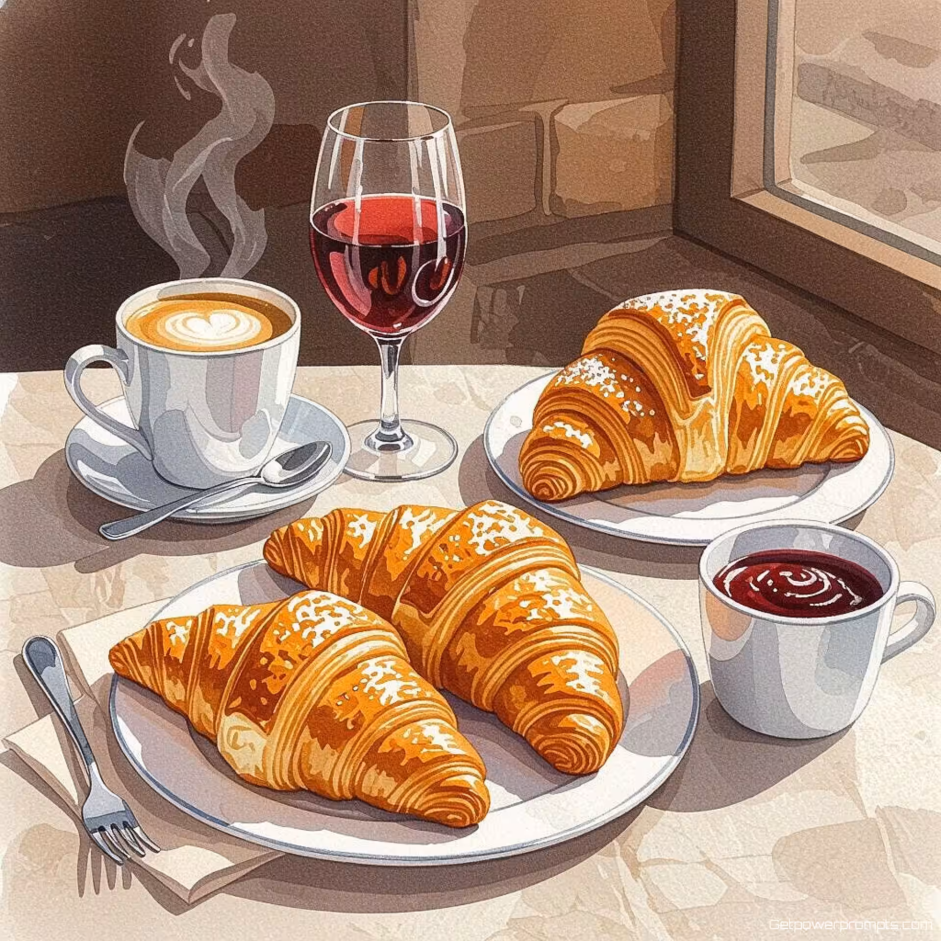 Verse croissants en gebakjes, aquarel illustratie, warme en uitnodigende sfeer sfeer, close-up perspectief perspectief, warme aardtinten palet, redactionele voedselillustratie, klaar voor tijdschriftopmaak, professioneel kunstwerk, culinaire verhaalvertelling, verleidelijke presentatie, publicatiekwaliteit, schone stijl