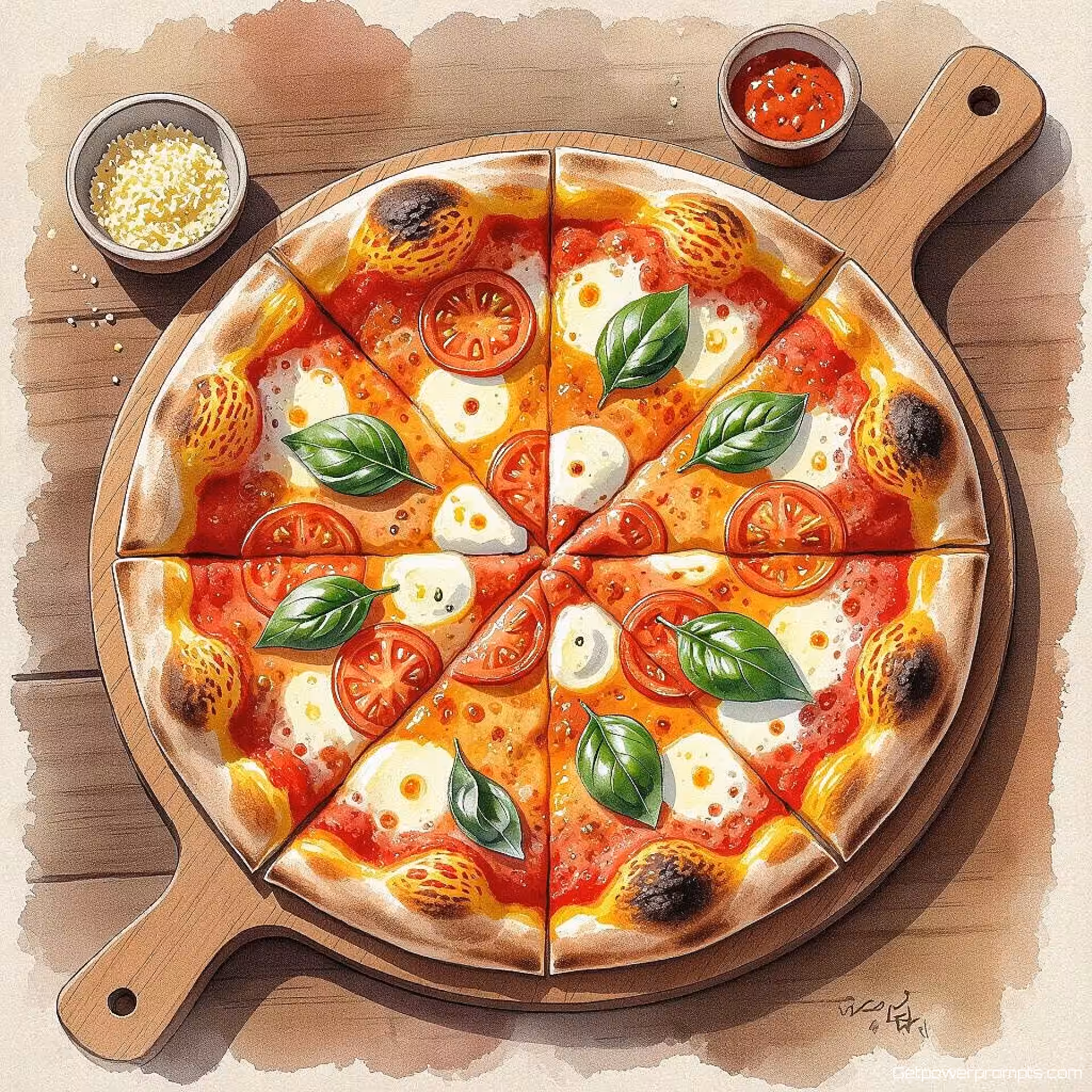 Ambachtelijke houtovengestoofde pizza, aquarel illustratie, warme en uitnodigende sfeer sfeer, close-up perspectief perspectief, warme aardtinten palet, redactionele voedselillustratie, klaar voor tijdschriftopmaak, professioneel kunstwerk, culinaire verhaalvertelling, verleidelijke presentatie, publicatiekwaliteit, schone stijl