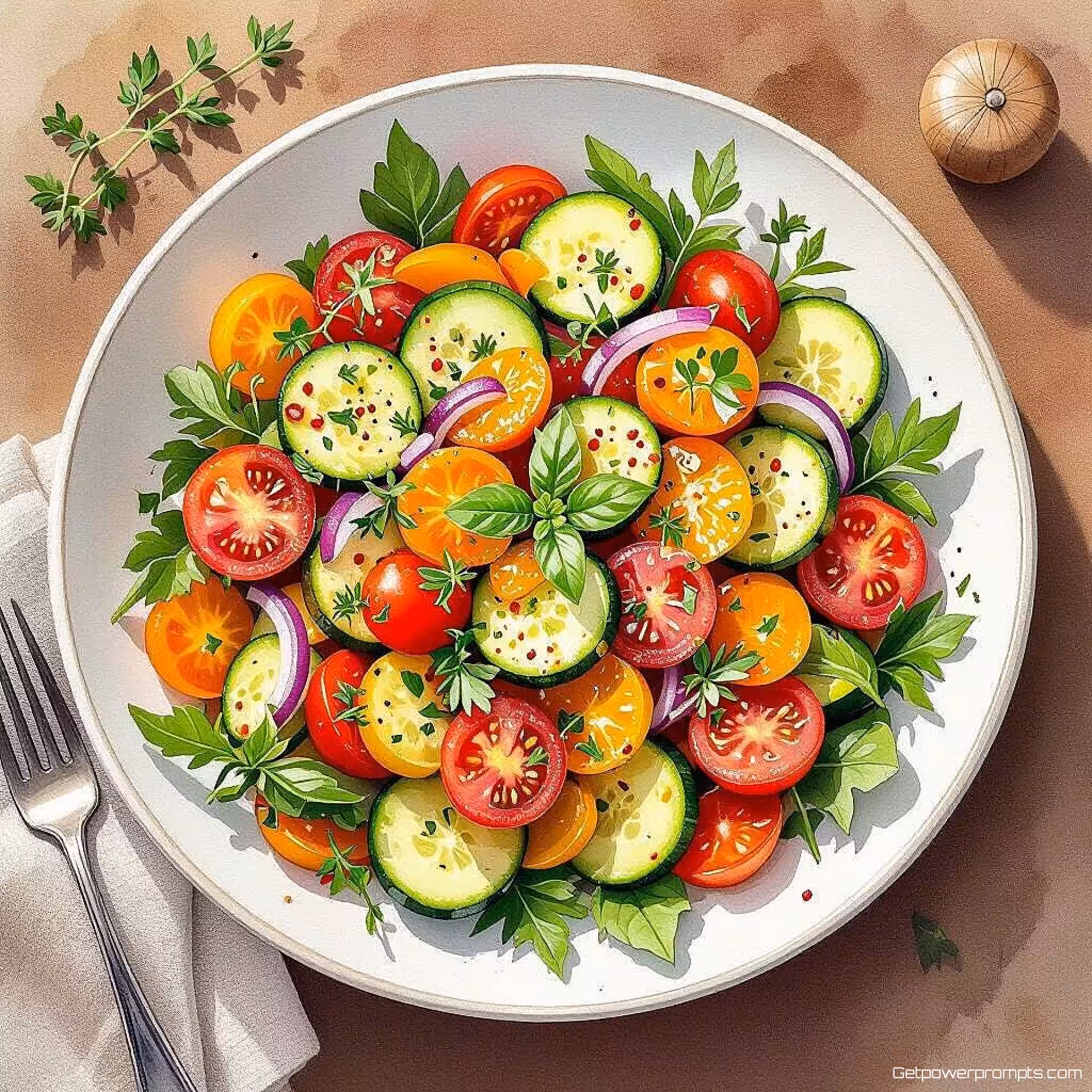 Verse groentesalade met kruiden, aquarel illustratie, warme en uitnodigende sfeer sfeer, close-up perspectief perspectief, warme aardtinten palet, redactionele voedselillustratie, klaar voor tijdschriftopmaak, professioneel kunstwerk, culinaire verhaalvertelling, verleidelijke presentatie, publicatiekwaliteit, schone stijl