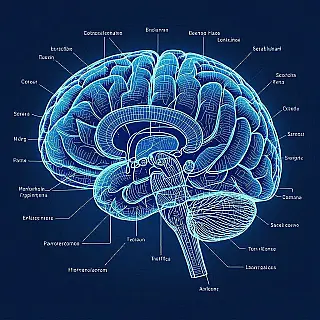 Menselijke hersenanatomie, technische tekening, educatief sfeer, medische blauwtinten, redactionele wetenschappelijke illustratie, gedetailleerde anatomische elementen, educatieve diagramstijl, klaar voor tijdschriftindeling, professioneel kunstwerk, technische nauwkeurigheid, publicatiekwaliteit, schone labelgebieden