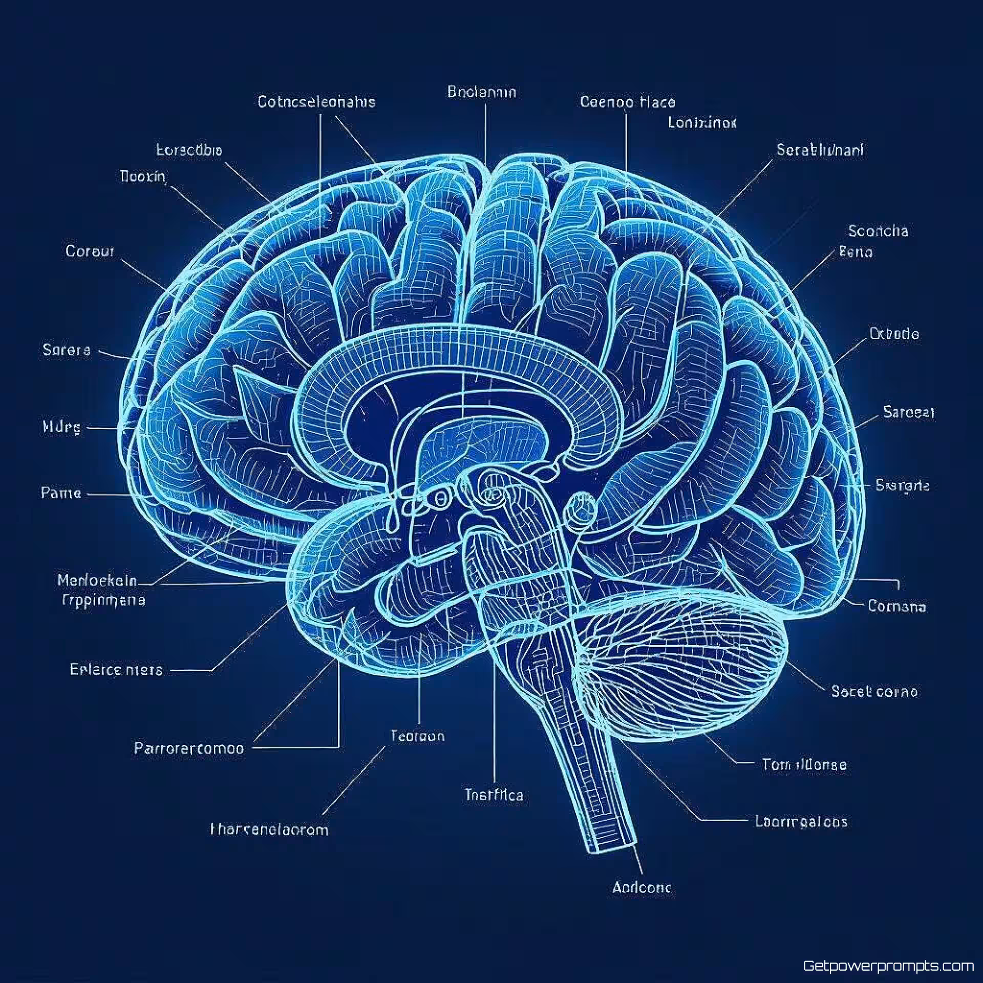 Menselijke hersenanatomie, technische tekening, educatief sfeer, medische blauwtinten, redactionele wetenschappelijke illustratie, gedetailleerde anatomische elementen, educatieve diagramstijl, klaar voor tijdschriftindeling, professioneel kunstwerk, technische nauwkeurigheid, publicatiekwaliteit, schone labelgebieden