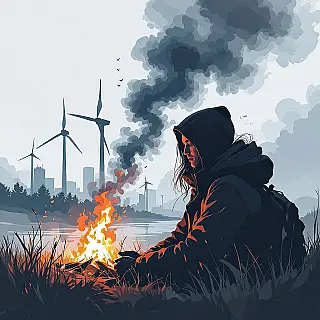 Klimaatactivisme, digitale schilderkunst, beschouwend sfeer, aards palet, redactionele sociale commentaar illustratie, tot nadenken stemmende beelden, klaar voor tijdschriftopmaak, professioneel kunstwerk, hedendaagse relevantie, publicatiekwaliteit, symbolische weergave, culturele kritiek, schone compositie