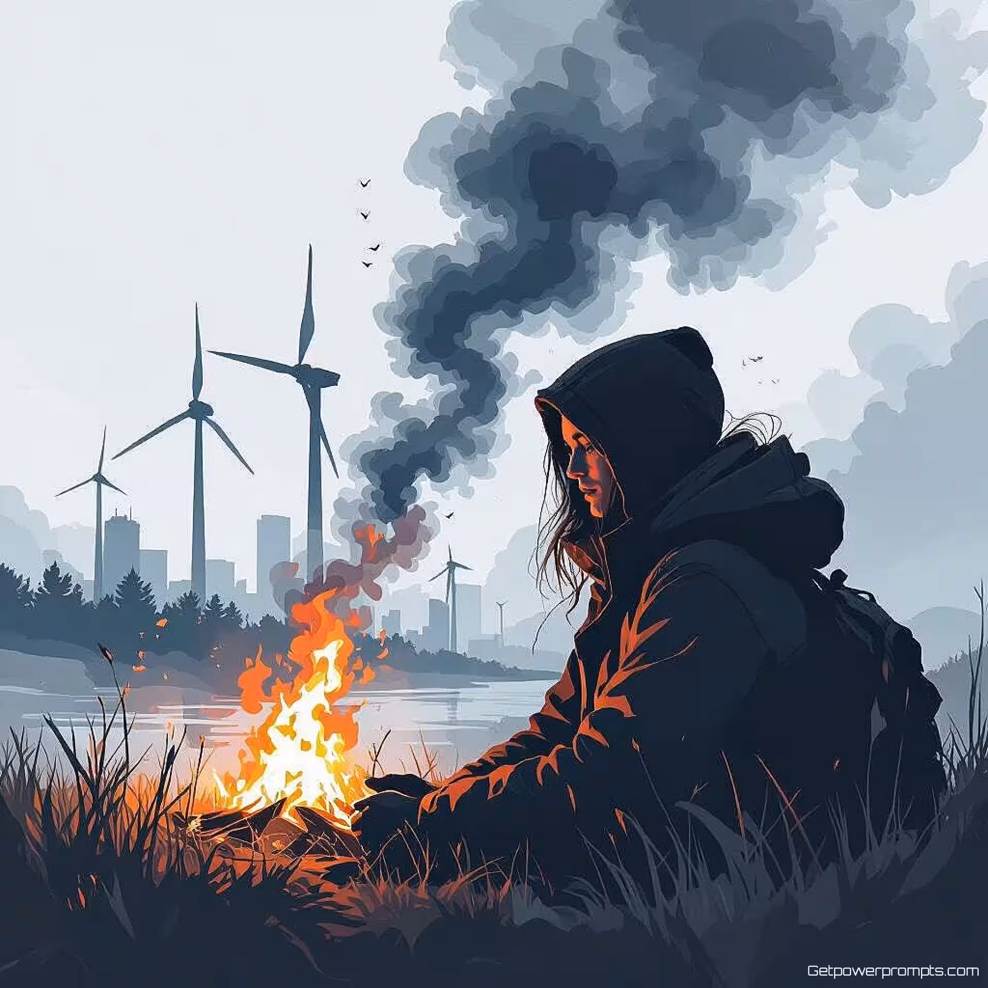 Klimaatactivisme, digitale schilderkunst, beschouwend sfeer, aards palet, redactionele sociale commentaar illustratie, tot nadenken stemmende beelden, klaar voor tijdschriftopmaak, professioneel kunstwerk, hedendaagse relevantie, publicatiekwaliteit, symbolische weergave, culturele kritiek, schone compositie