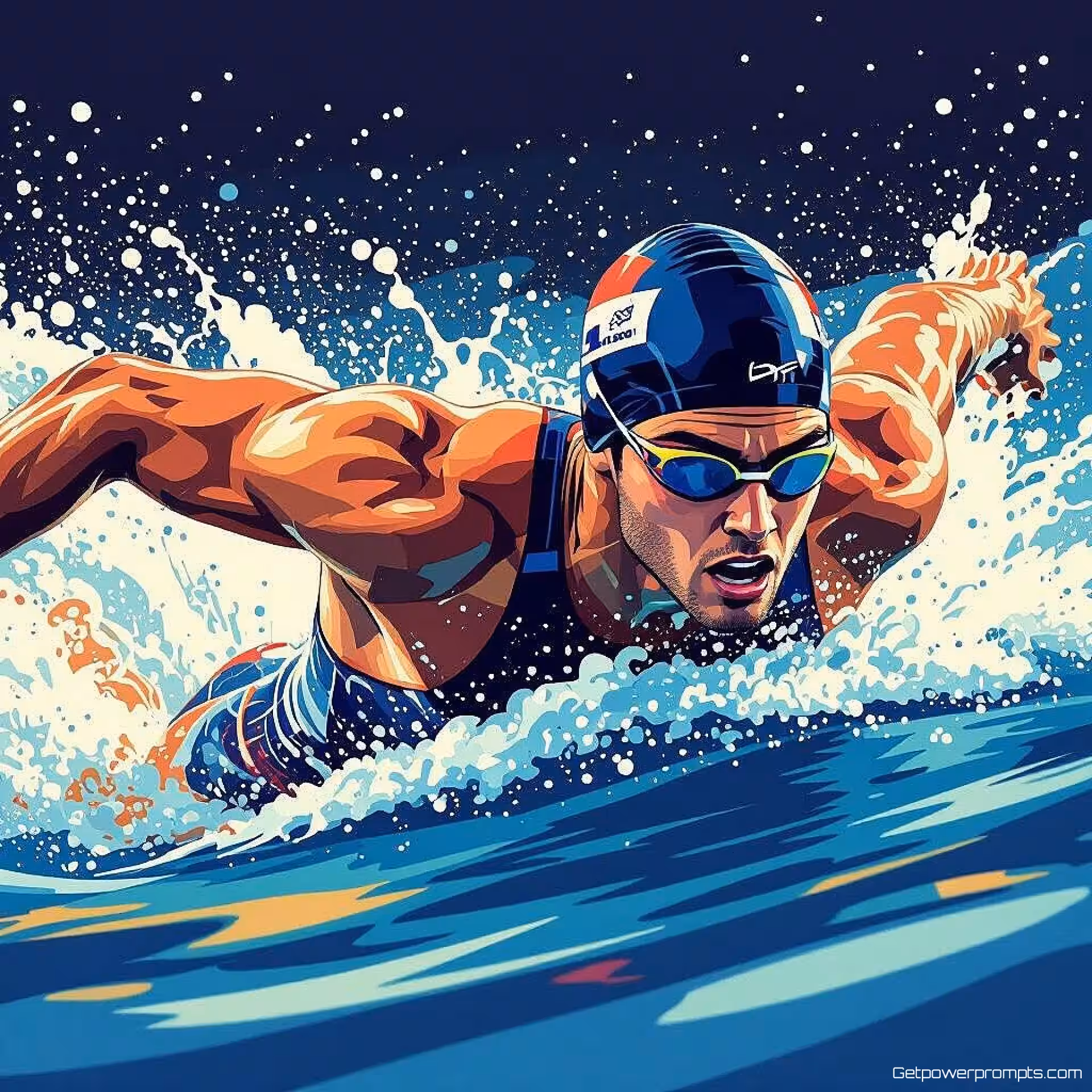 Competitieve zwemmer racet, schone vector kunst, dramatisch sfeer, close-up actie perspectief, aardetinten palet, redactionele sportillustratie, dynamische beweging, klaar voor tijdschriftindeling, professioneel kunstwerk, atletisch verhaal, publicatiekwaliteit, schone actielijnen, sportcontext