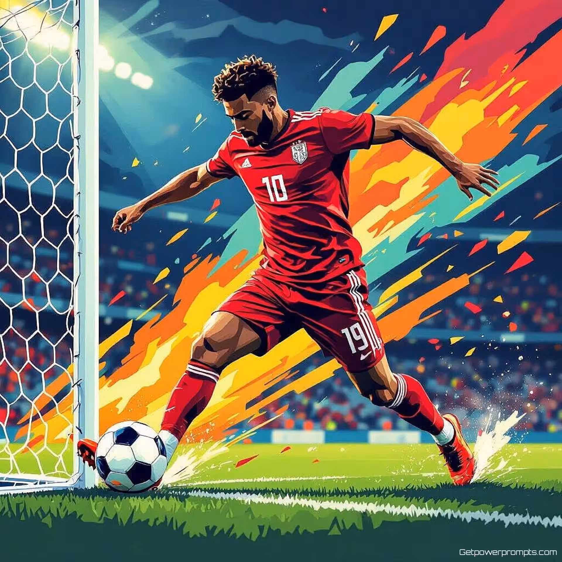 Voetballer scoort doelpunt, schone vector kunst, dramatisch sfeer, close-up actie perspectief, aardetinten palet, redactionele sportillustratie, dynamische beweging, klaar voor tijdschriftindeling, professioneel kunstwerk, atletisch verhaal, publicatiekwaliteit, schone actielijnen, sportcontext