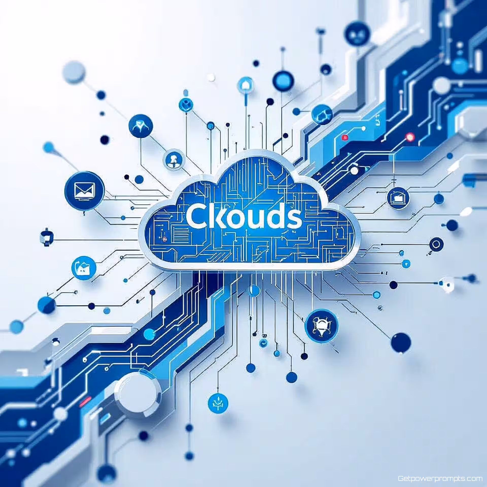 Cloud computing data stroom, digitale illustratie, futuristisch en innovatief sfeer, blauw en zilver palet, redactionele technologie illustratie, digitale interface elementen, futuristisch ontwerp, tijdschrift lay-out gereed, professioneel kunstwerk, moderne esthetiek, publicatiekwaliteit, schone lijnen, conceptuele technologie visualisatie