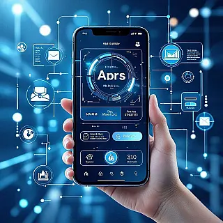 Smartphone interface met apps, digitale illustratie, futuristisch en innovatief sfeer, blauw en zilver palet, redactionele technologie illustratie, digitale interface elementen, futuristisch ontwerp, tijdschrift lay-out gereed, professioneel kunstwerk, moderne esthetiek, publicatiekwaliteit, schone lijnen, conceptuele technologie visualisatie