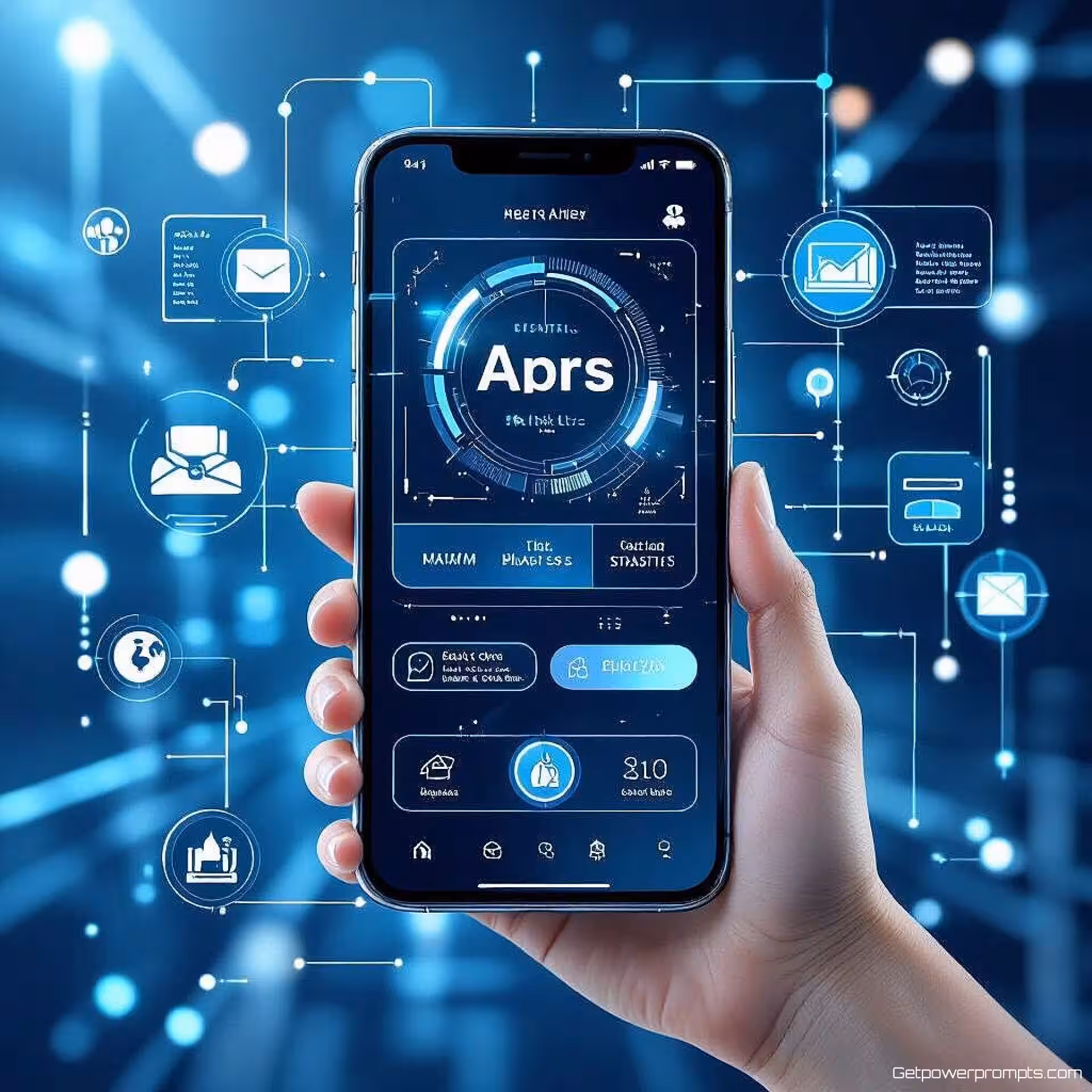 Smartphone interface met apps, digitale illustratie, futuristisch en innovatief sfeer, blauw en zilver palet, redactionele technologie illustratie, digitale interface elementen, futuristisch ontwerp, tijdschrift lay-out gereed, professioneel kunstwerk, moderne esthetiek, publicatiekwaliteit, schone lijnen, conceptuele technologie visualisatie