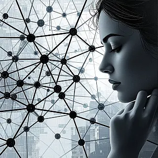 Onderling verbonden netwerk, digitale schilderkunst, bedachtzaam sfeer, close-up perspectief, monochroom, redactionele visuele metafoor, symbolische juxtapositie, tijdschrift lay-out gereed, conceptuele diepgang, professionele illustratie, tot nadenken stemmende beeldtaal, publicatiekwaliteit