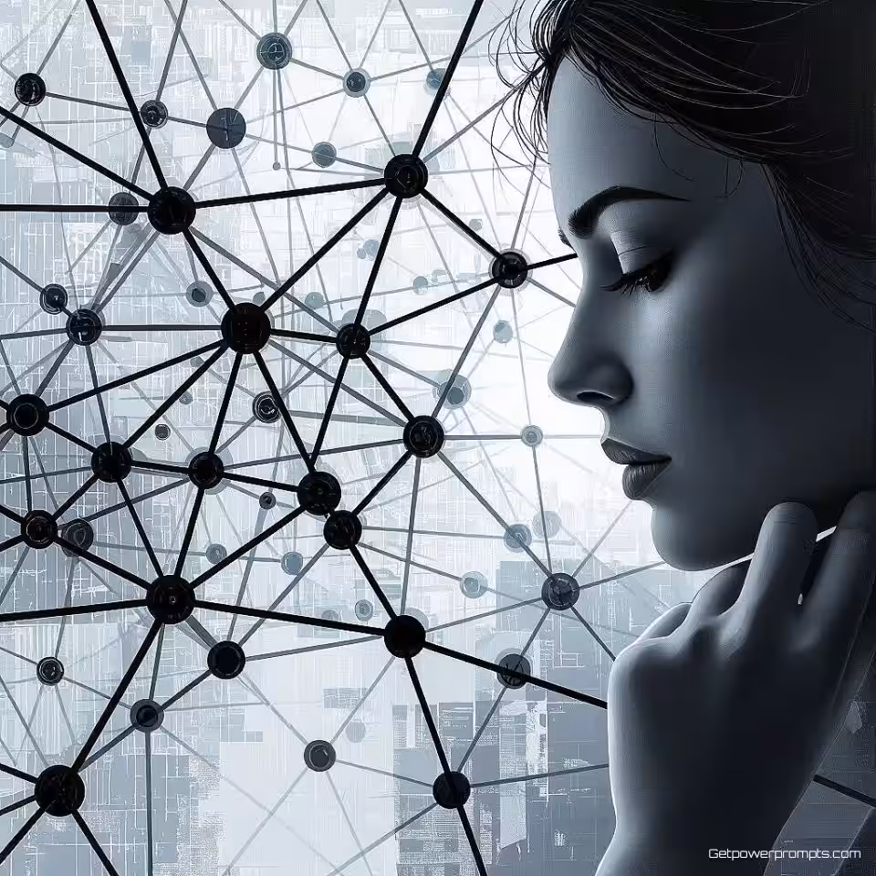 Onderling verbonden netwerk, digitale schilderkunst, bedachtzaam sfeer, close-up perspectief, monochroom, redactionele visuele metafoor, symbolische juxtapositie, tijdschrift lay-out gereed, conceptuele diepgang, professionele illustratie, tot nadenken stemmende beeldtaal, publicatiekwaliteit