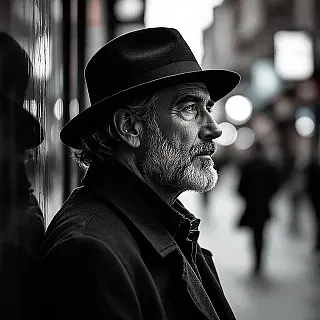 Ongepland straatportret, zwart-wit fotografie, dramatisch sfeer, close-up perspectief, dramatische zijbelichting belichting, redactioneel verhalen vertellen, hoog contrast, dramatische schaduwen, professionele magazine feature, tijdloze esthetiek, emotionele diepte, authentiek moment, ondiepe scherptediepte, monochrome compositie, redactionele kwaliteit, visueel verhaal