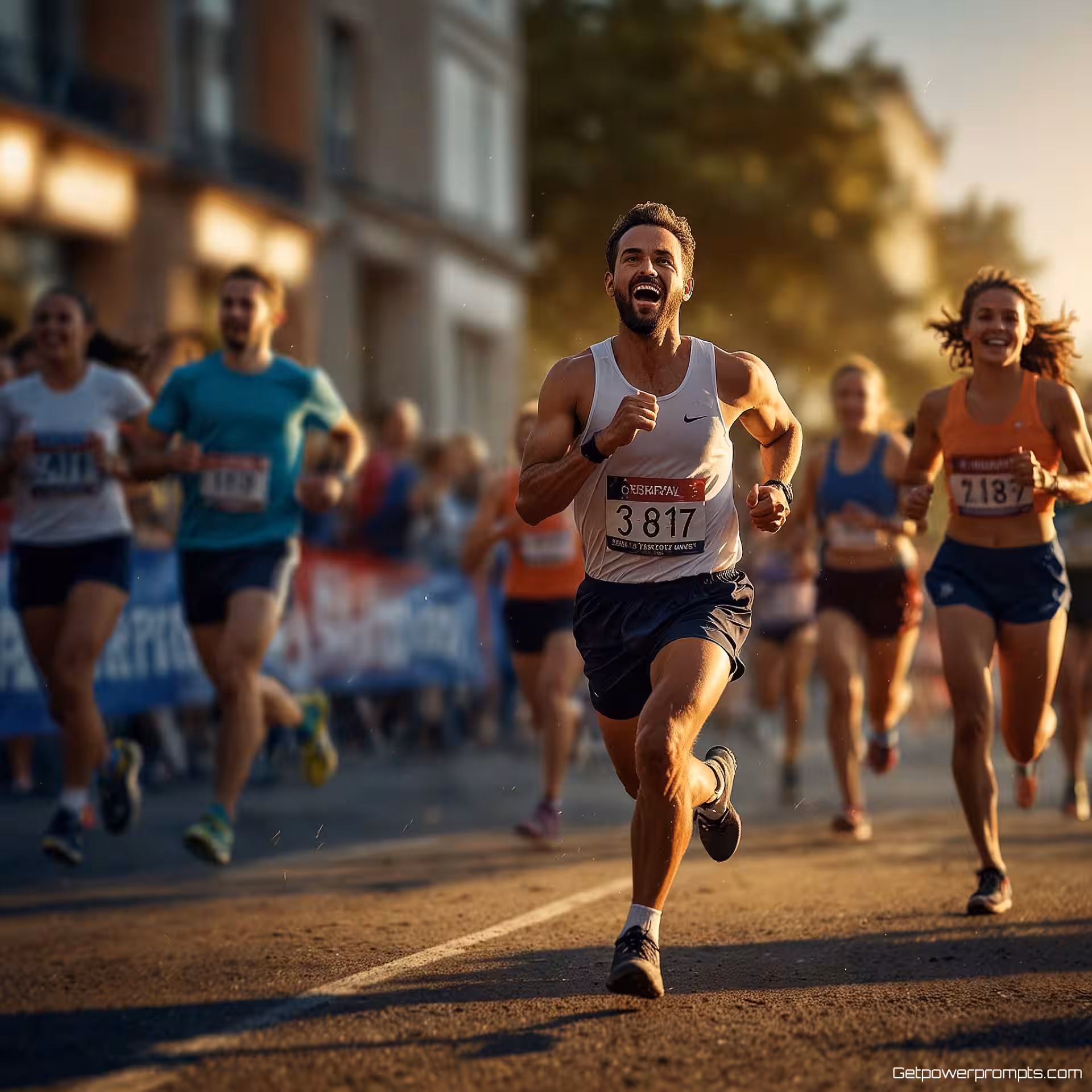 Marathonloper die de finishlijn passeert, digitale illustratie, feestelijk sfeer, actieshot perspectief, bewegingsonscherpte effect, redactioneel verhalen vertellen, dynamische beweging, tijdschrift feature, professionele kwaliteit, zacht licht belichting, actiesequentie, narratieve spanning, visuele energie, geringe scherptediepte