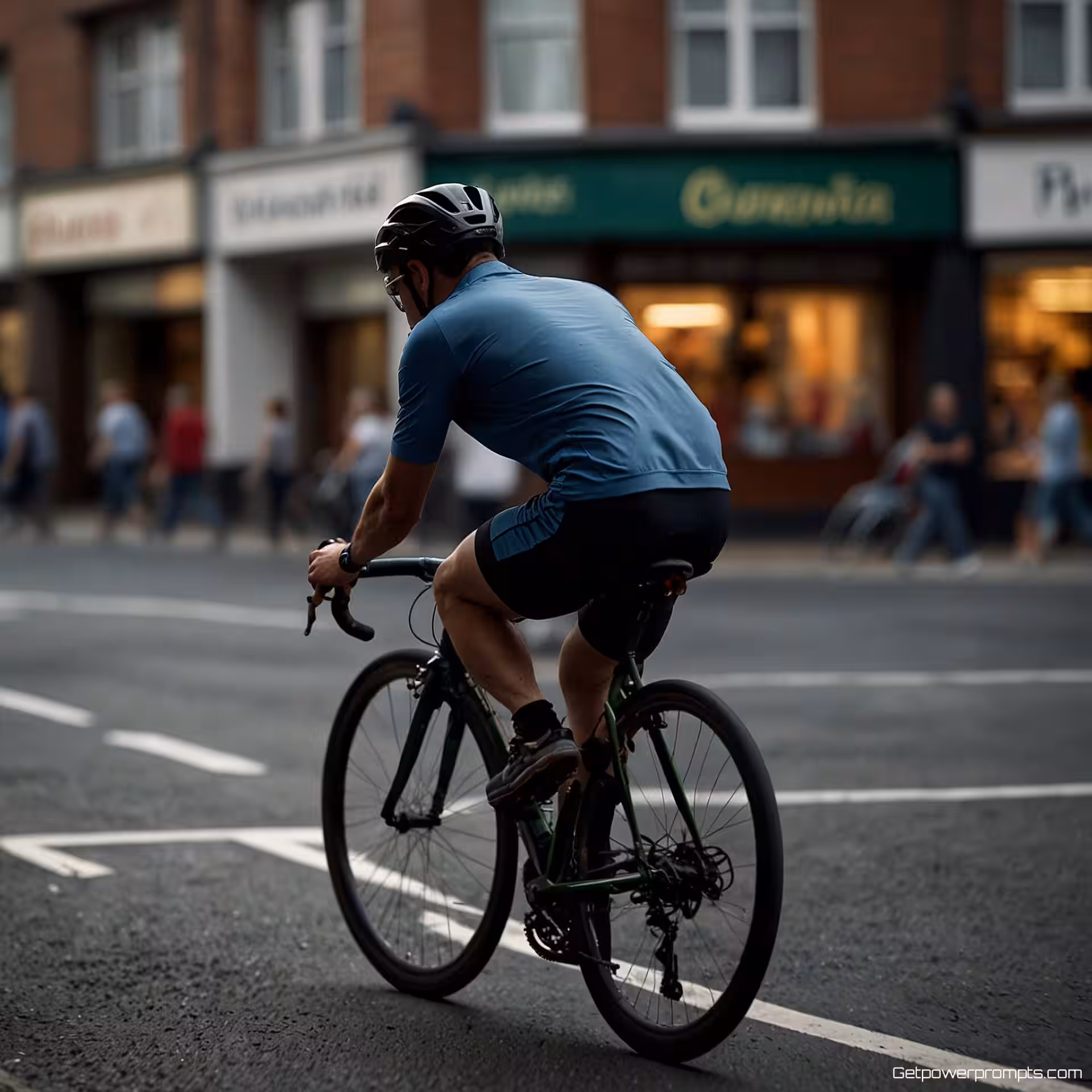 Fietser in drukke straat, fotorealistisch, dramatisch sfeer, panoramisch perspectief, bewegingsonscherpte effect, redactioneel verhalen vertellen, dynamische beweging, tijdschrift feature, professionele kwaliteit, kunstlicht belichting, actiesequentie, narratieve spanning, visuele energie, geringe scherptediepte
