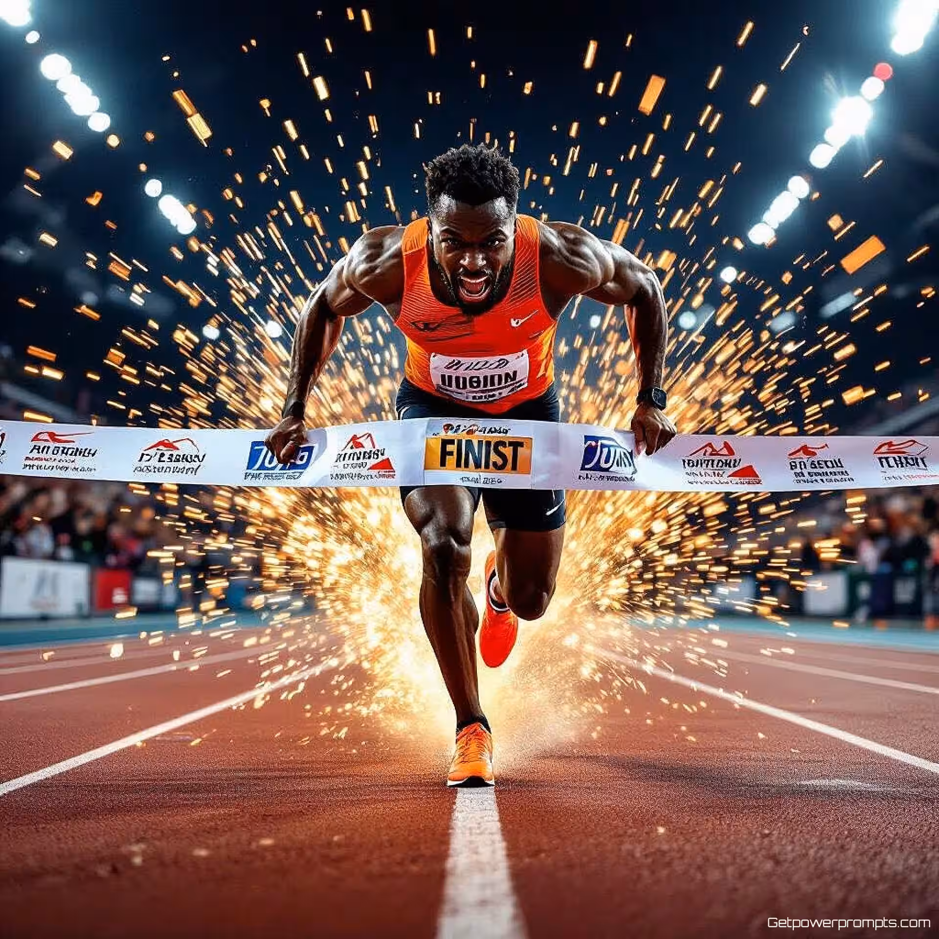 Sprinter bij finishlijn, bewegingsfotografie, energiek sfeer, laaghoekperspectief perspectief, dramatische zijbelichting belichting, bevroren actie effect beweging, redactioneel verhalen vertellen, tijdschriftartikel, professionele kwaliteit, dynamische energie, bevroren actie, redactioneel verhaal, professionele fotografie, visuele impact, redactionele diepgang