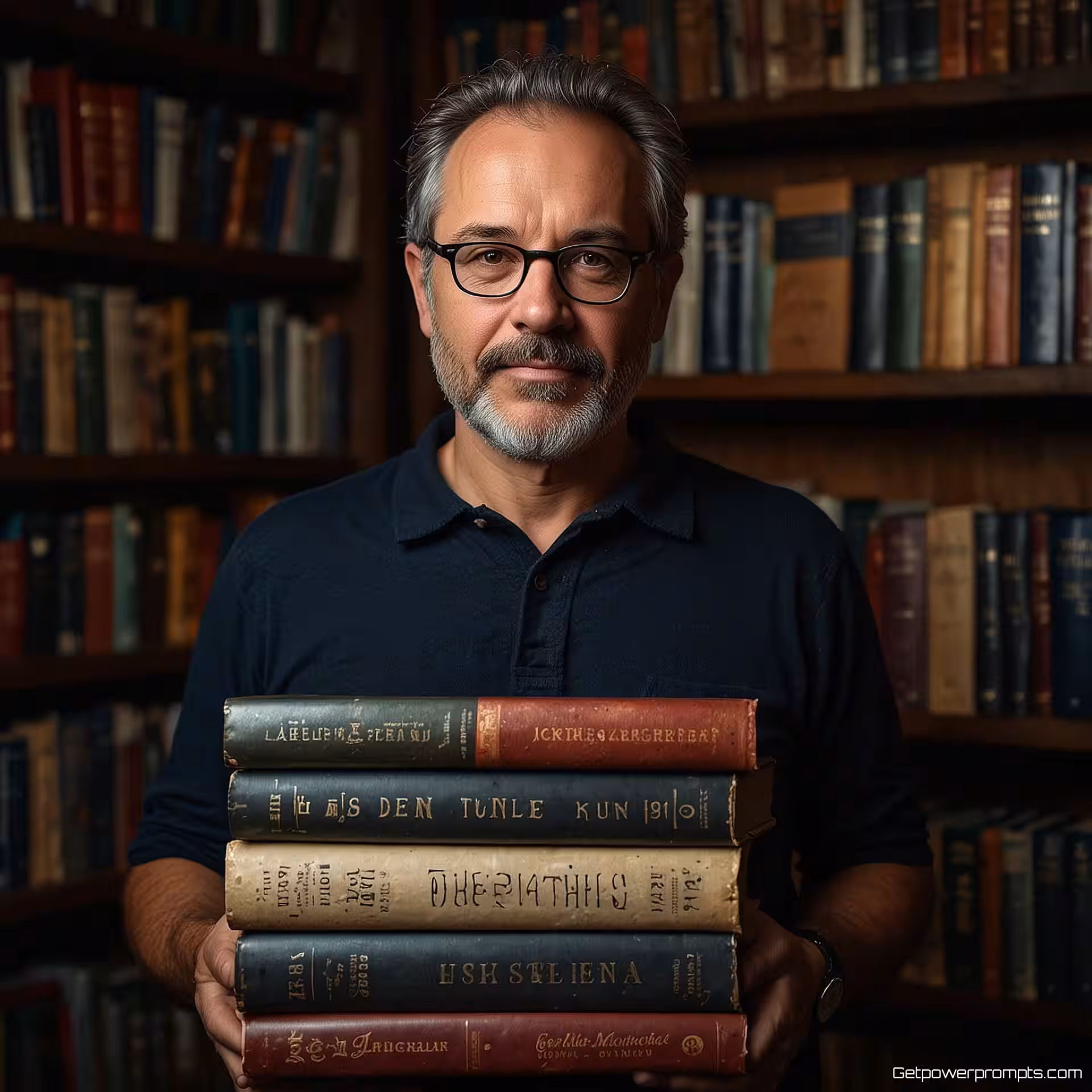 Auteur met boeken, redactionele portretfotografie, authentiek sfeer, medium shot perspectief, studiobelichting belichting, professionele magazinefunctie, authentieke expressie, omgevingsverhaal, ondiepe scherptediepte, natuurlijke achtergrondelementen, redactionele kwaliteit, meeslepend verhaal