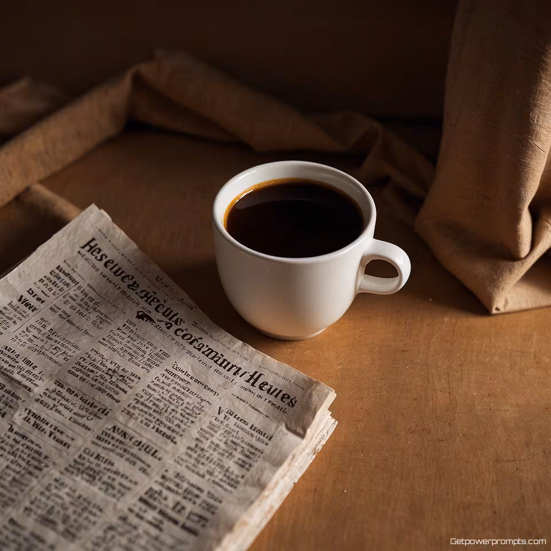 Koffiekopje en krant, redactionele stilleven fotografie, minimalistisch sfeer, diagonale compositie perspectief, diffuus studio licht belichting, minimalistische achtergrond achtergrond, tijdschriftartikel, professionele styling, symbolische opstelling, narratieve compositie, geringe scherptediepte, redactionele kwaliteit