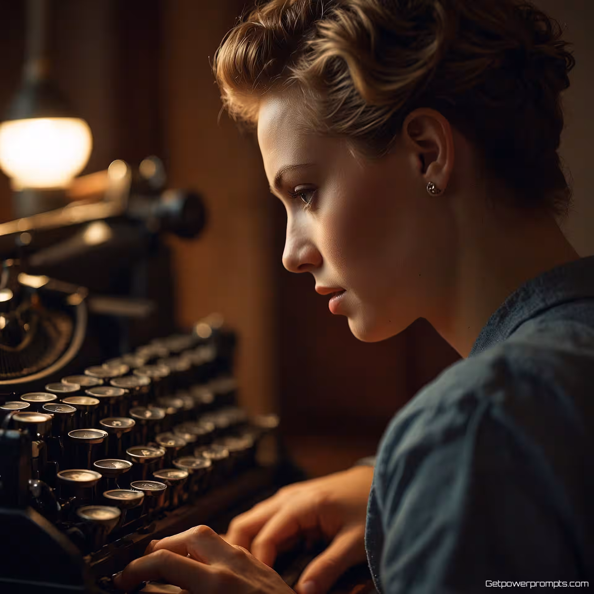 Schrijver aan antieke schrijfmachine, artistieke interpretatie, mysterieus sfeer, close-up perspectief, zacht licht belichting, redactioneel verhalen, narratieve focus, tijdschriftfunctie, professionele kwaliteit, authentiek moment, geringe scherptediepte