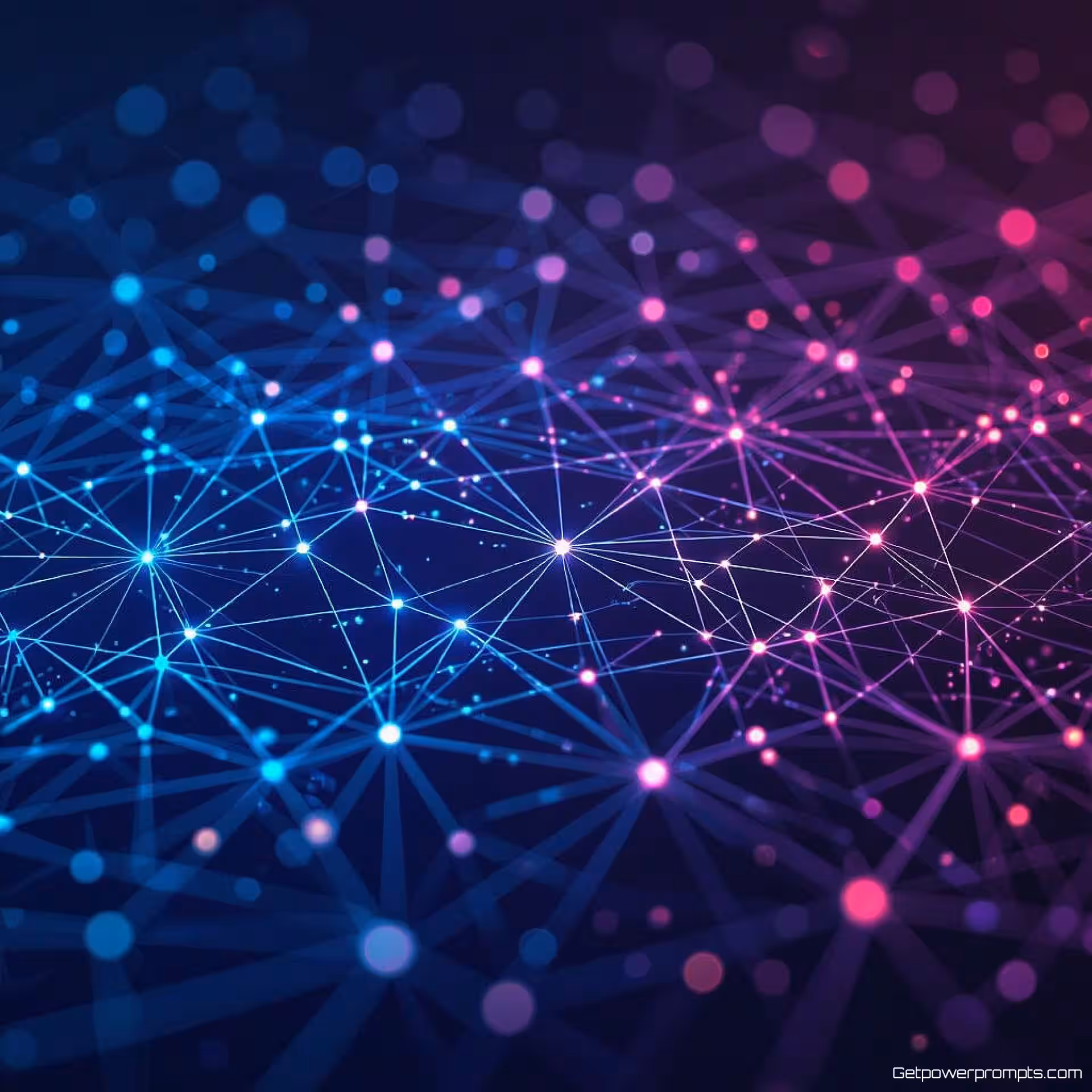 Deep learning neuraal netwerk, AI neuronaal netwerk visualisatie, digitale illustratie stijl, donker verloop achtergrond, cyberpunk kleuren kleurenschema, onderling verbonden knooppunten, gegevensstroompatronen, gloeiende verbindingen, digitale intelligentie esthetiek, moderne machine learning visualisatie, professionele tech presentatie