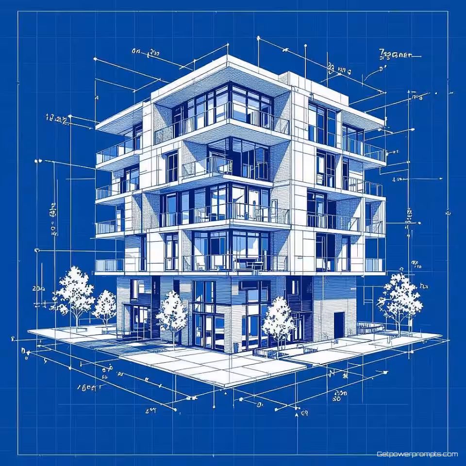 Meergezinswoning, architectonische blauwdruk infographic, precieze technische tekening visualisatie, technisch rasterpapier achtergrond, traditionele blauwdruk kleuren kleurenschema, technische tekening esthetiek, plattegrond lay-out, meetannotaties, constructiedetails, professionele architectonische presentatie, schoon technisch ontwerp