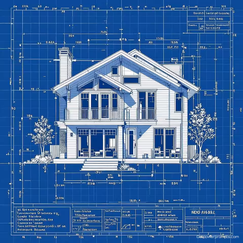Eengezinswoning, architectonische blauwdruk infographic, precieze technische tekening visualisatie, technisch rasterpapier achtergrond, traditionele blauwdruk kleuren kleurenschema, technische tekening esthetiek, plattegrond lay-out, meetannotaties, constructiedetails, professionele architectonische presentatie, schoon technisch ontwerp