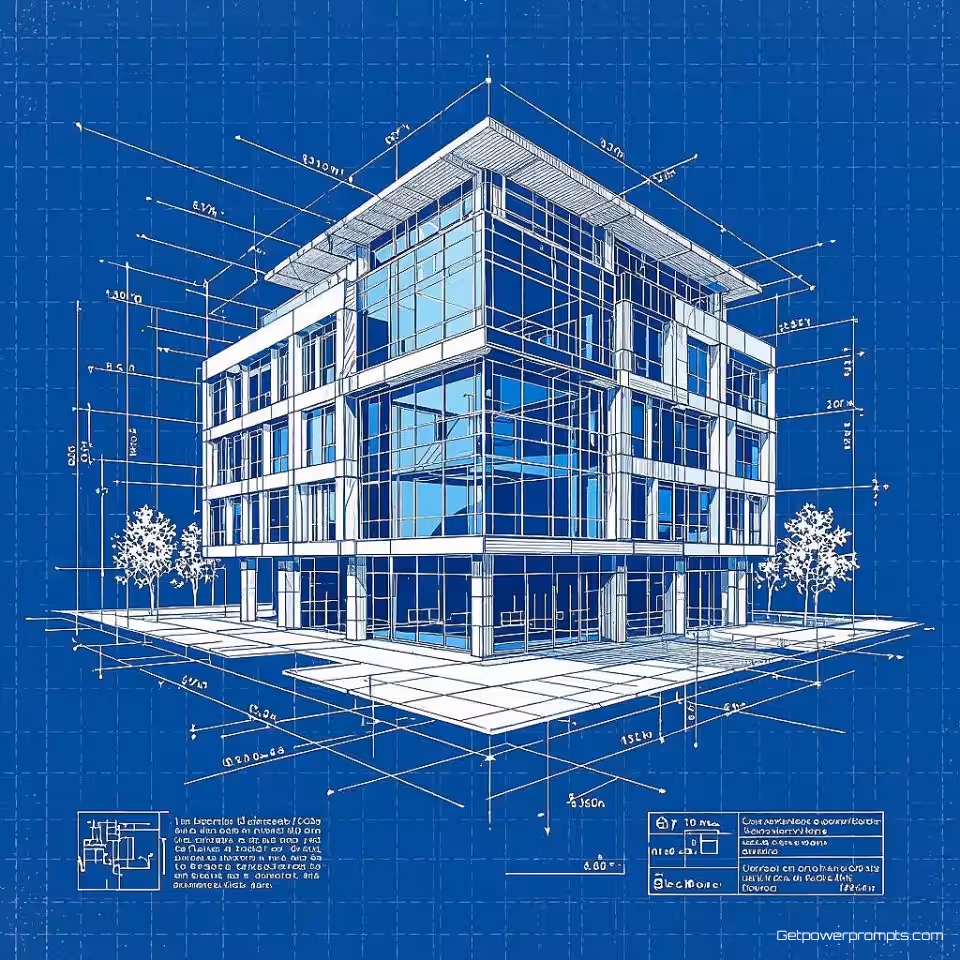 Commercieel kantoorgebouw, architectonische blauwdruk infographic, precieze technische tekening visualisatie, technisch rasterpapier achtergrond, traditionele blauwdruk kleuren kleurenschema, technische tekening esthetiek, plattegrond lay-out, meetannotaties, constructiedetails, professionele architectonische presentatie, schoon technisch ontwerp